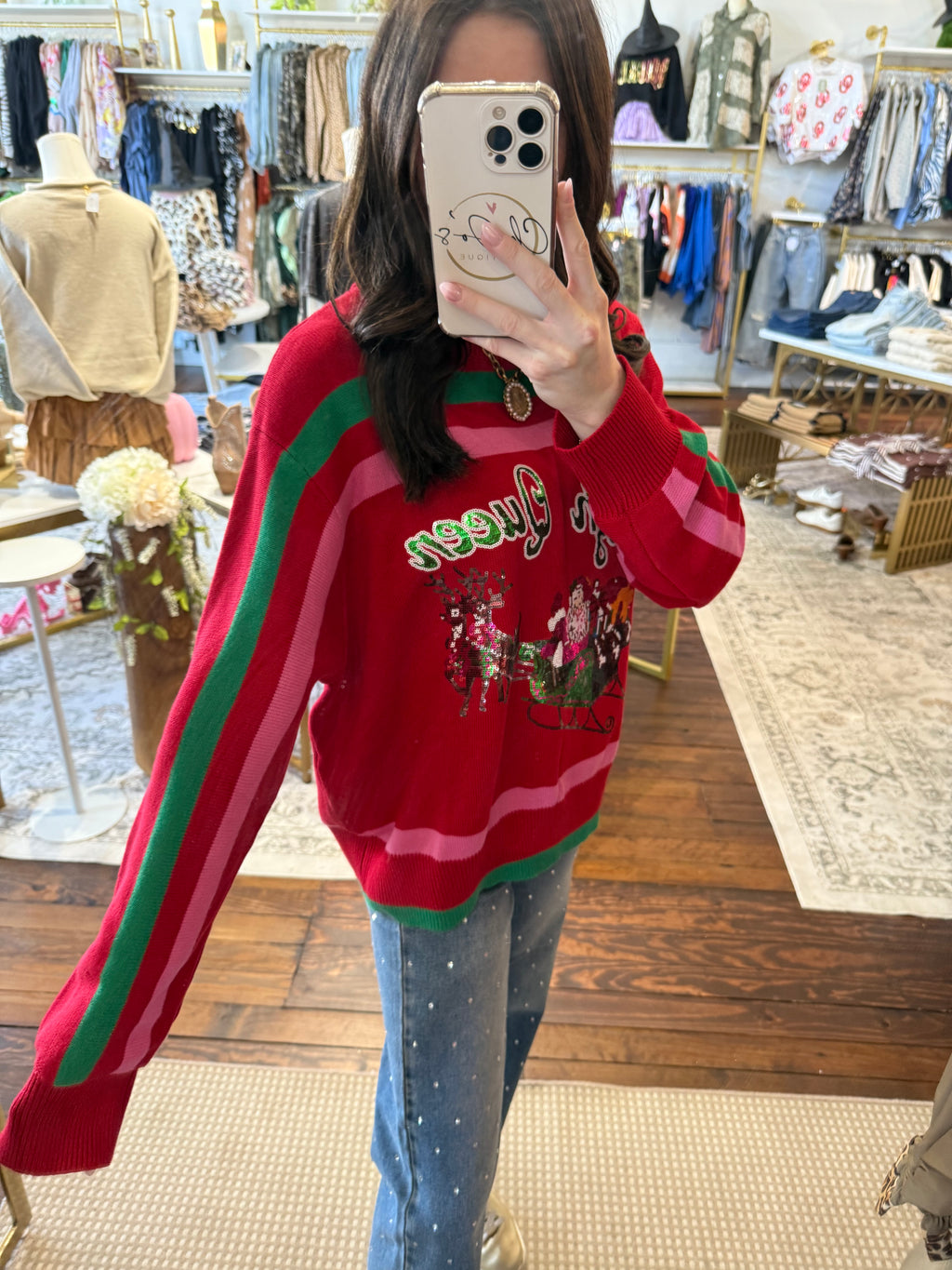 Red, Green & Pink 'Sleigh Queen' Stripe Sweater | Queen of Sparkles