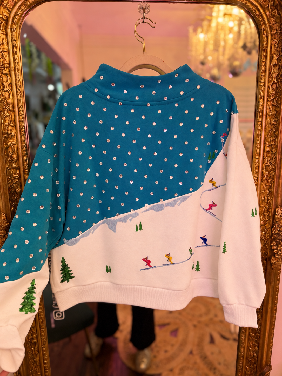 Aqua & White Colorblock Skiers on Mountain Mock Neck Sweatshirt  | Queen of Sparkles