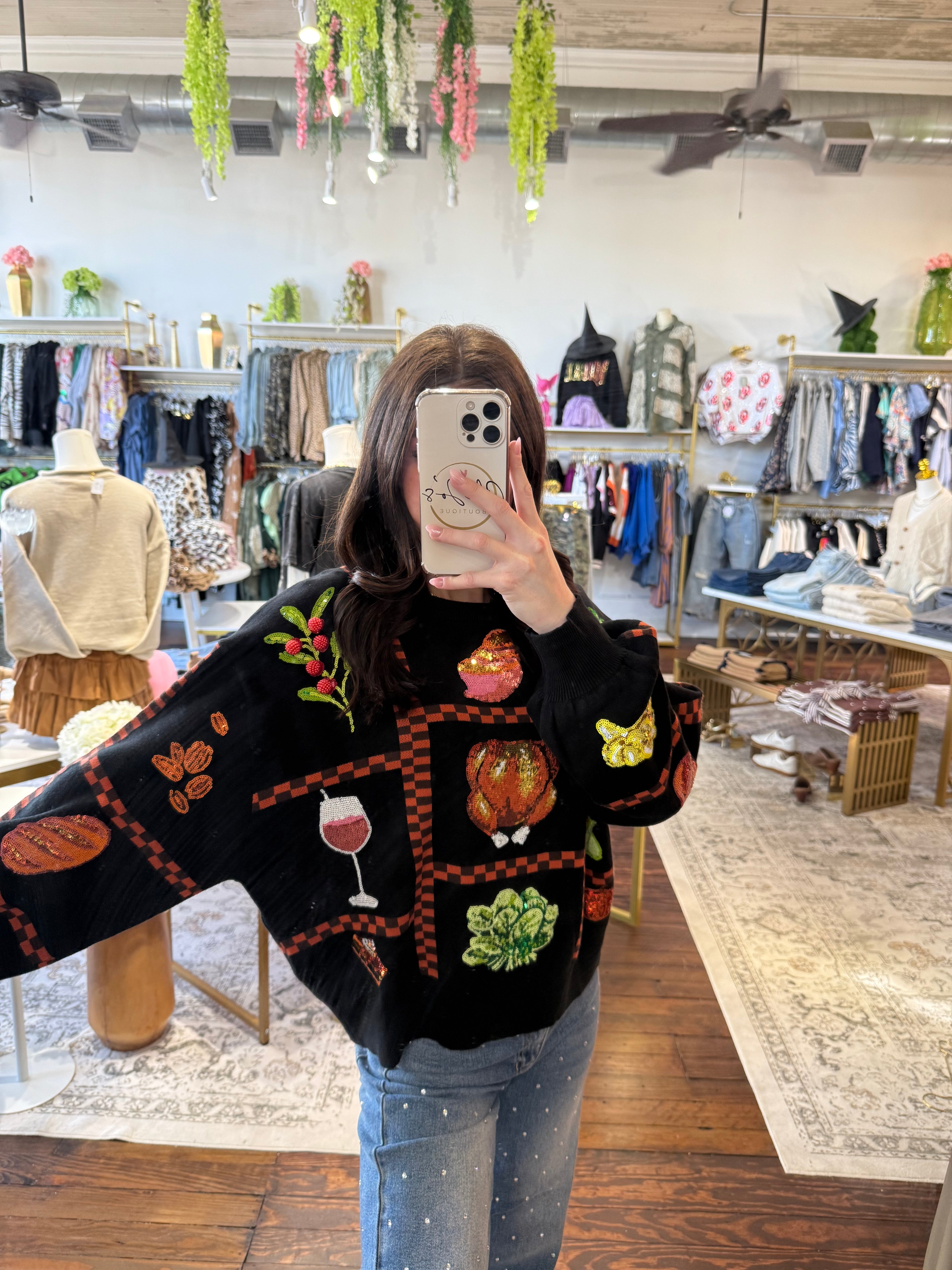 Black Checkered Thanksgiving Icon Sweater | Queen of Sparkles