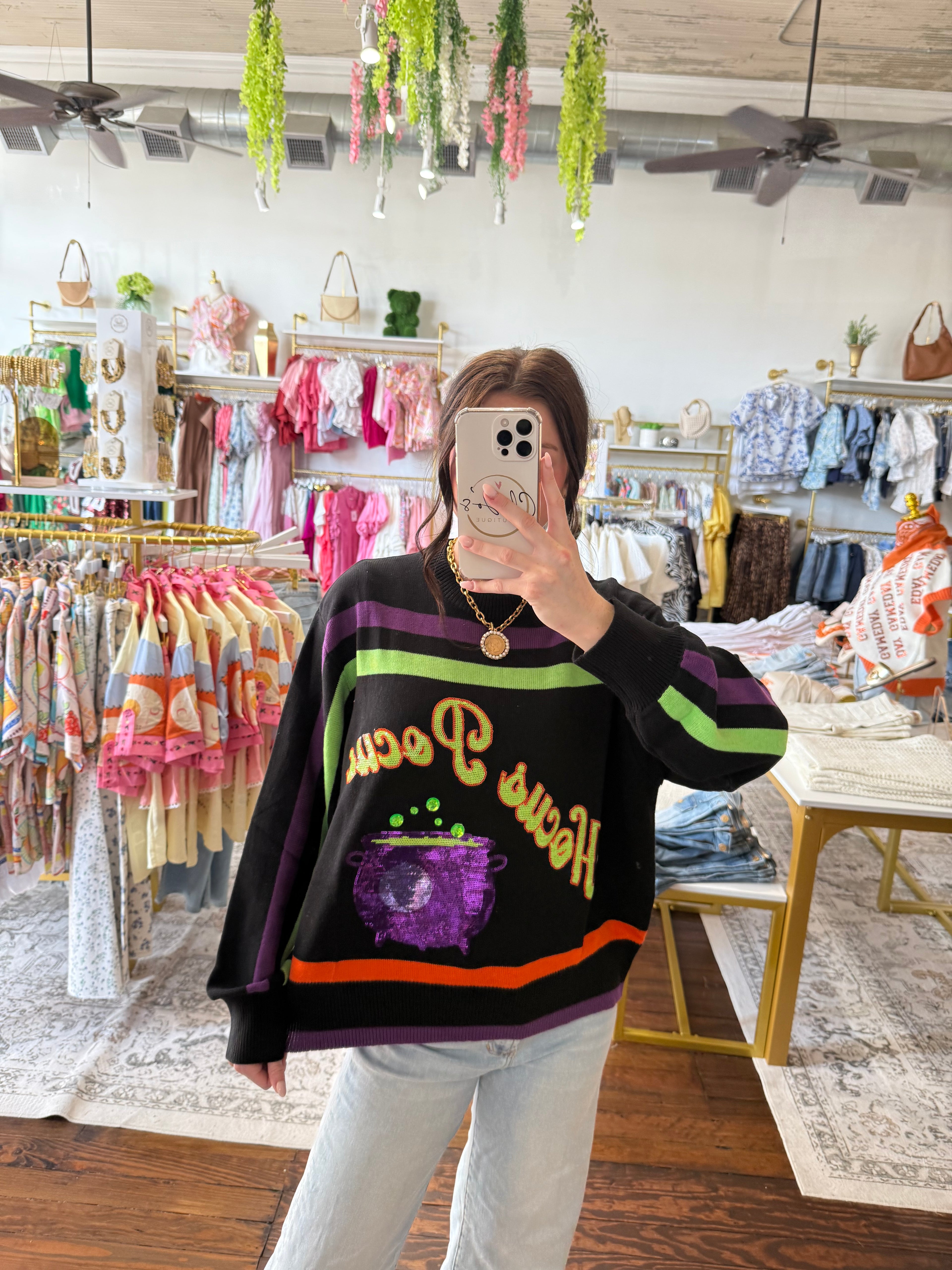 Black, Purple, Orange & Green Stripe 'Hocus Pocus' Long Sleeve Sweater | Queen of Sparkles
