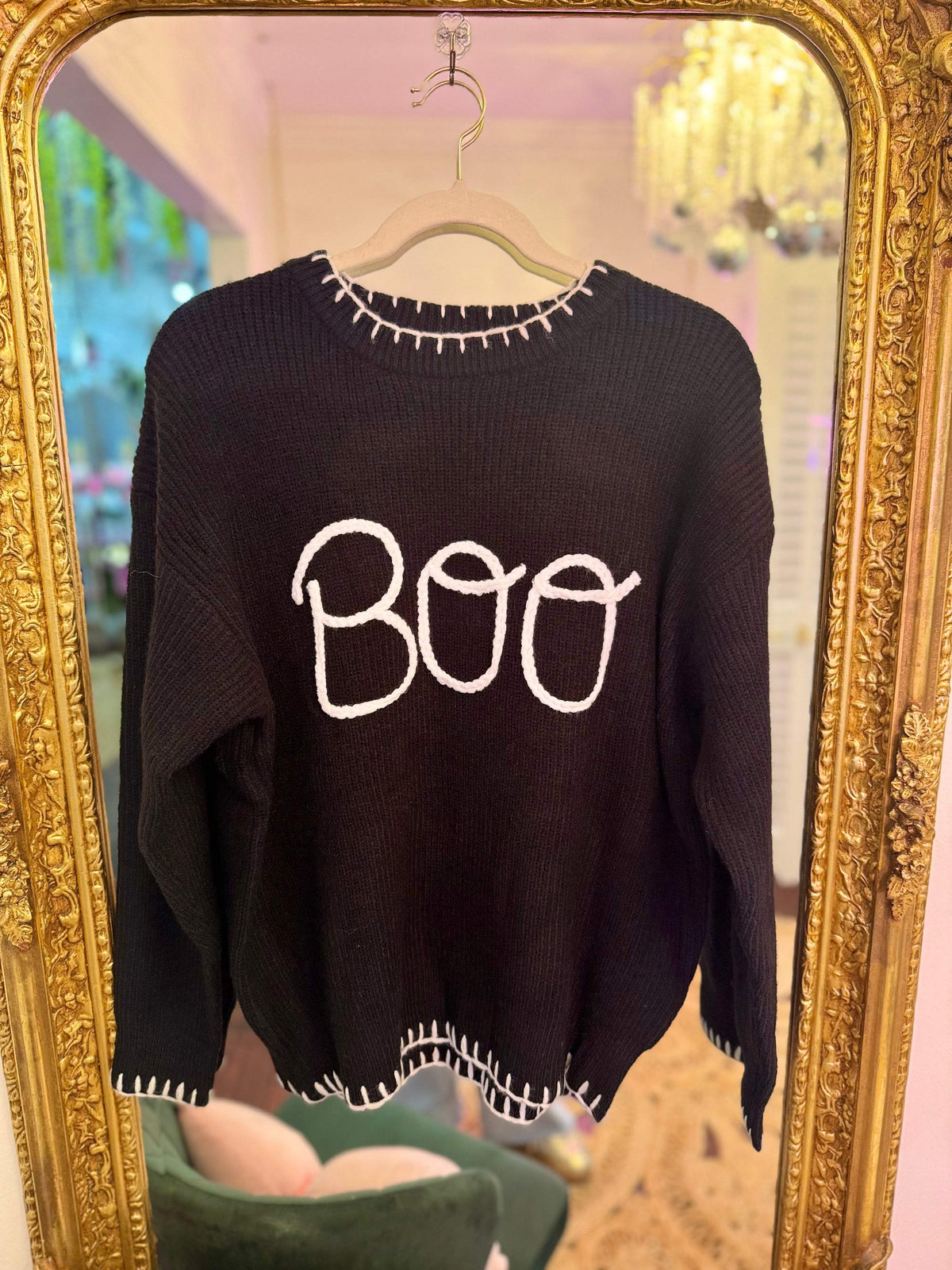 BOO Embroidered Halloween Knit Sweater