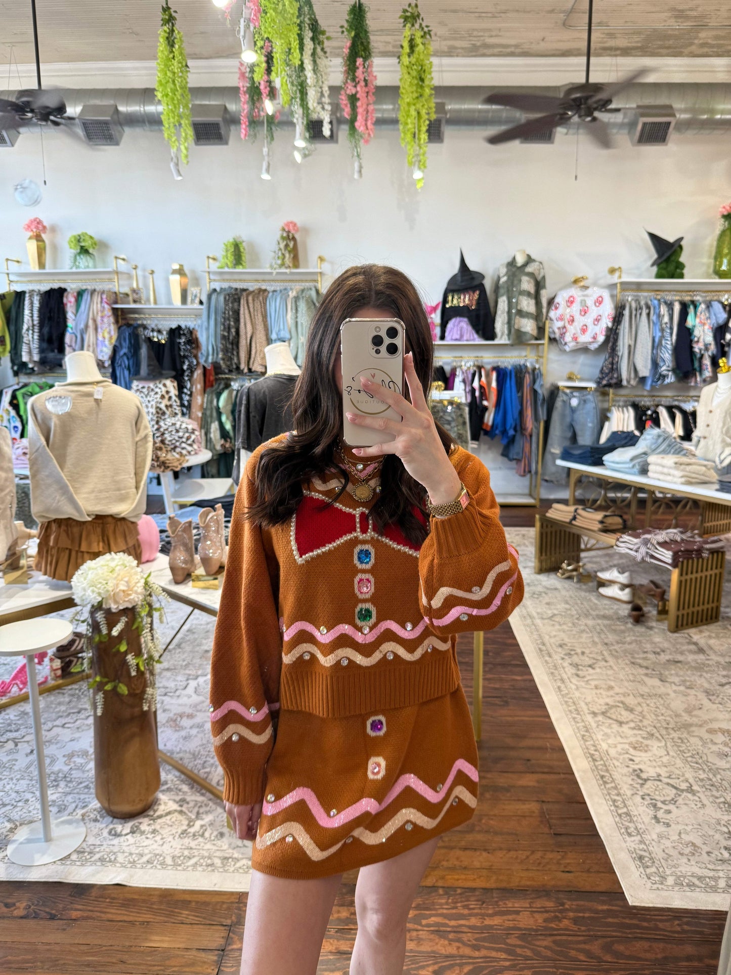Brown Gingerbread Man Jewel Bow Tie Sweater | Queen of Sparkles