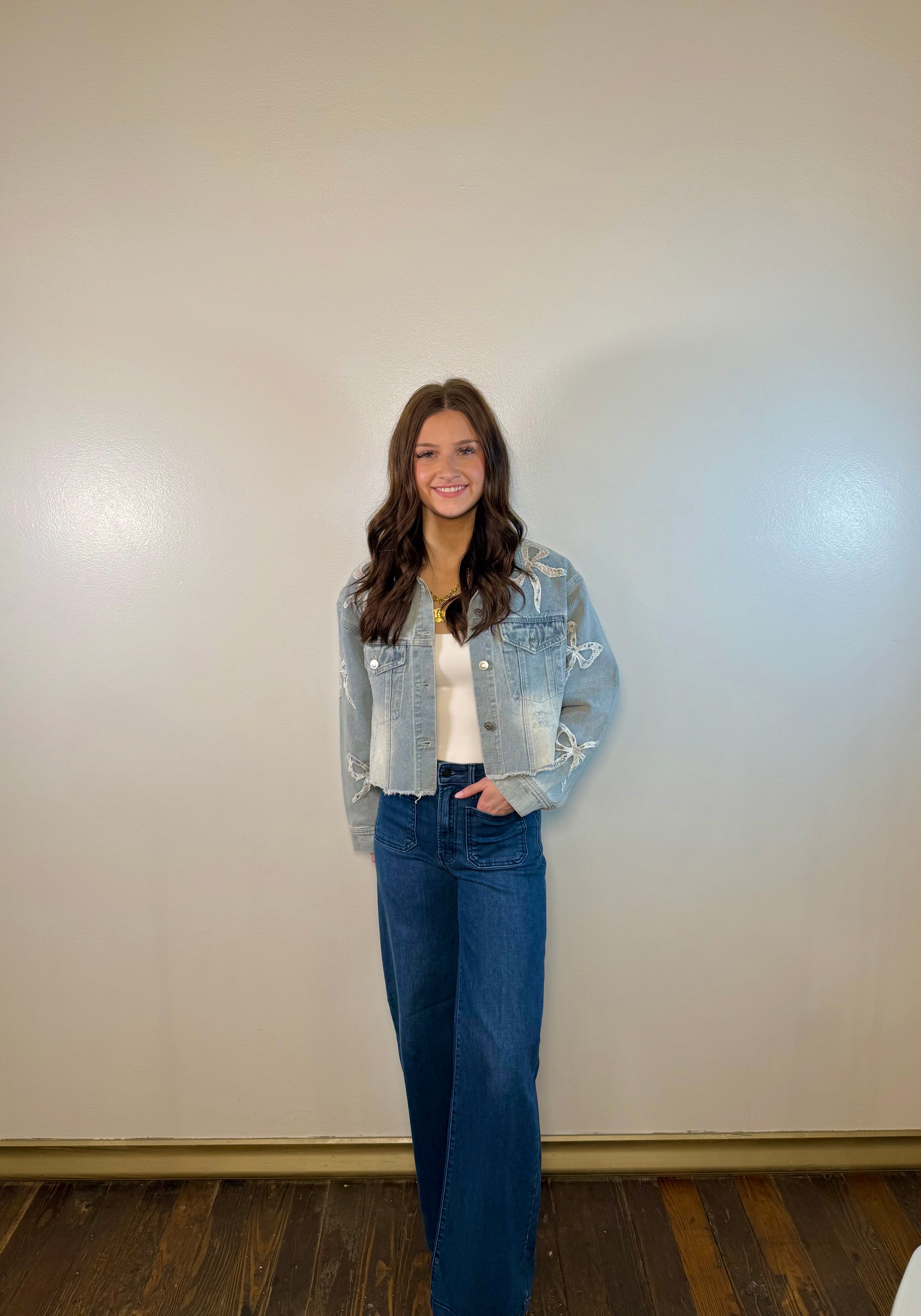 Embroidered Lace Bow Denim Jacket