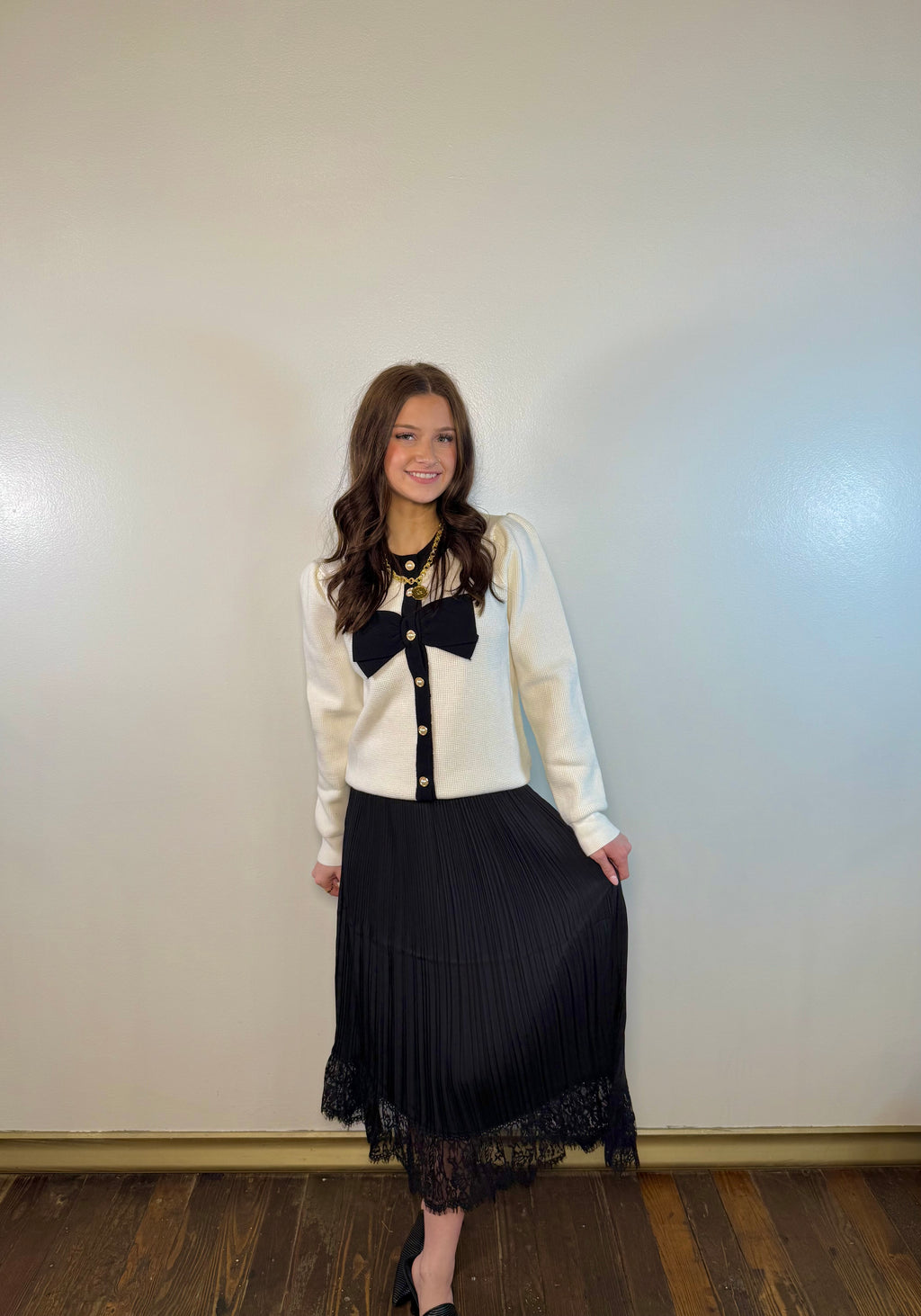 Midnight Pleated Lace Midi Skirt