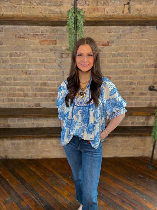 Abstract Floral Print Tie Blouse