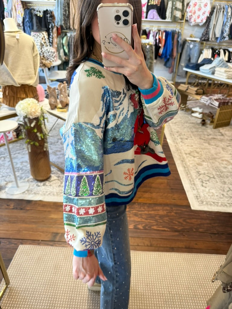 White & Blue Vintage Skiing Santa Sweatshirt | Queen of Sparkles