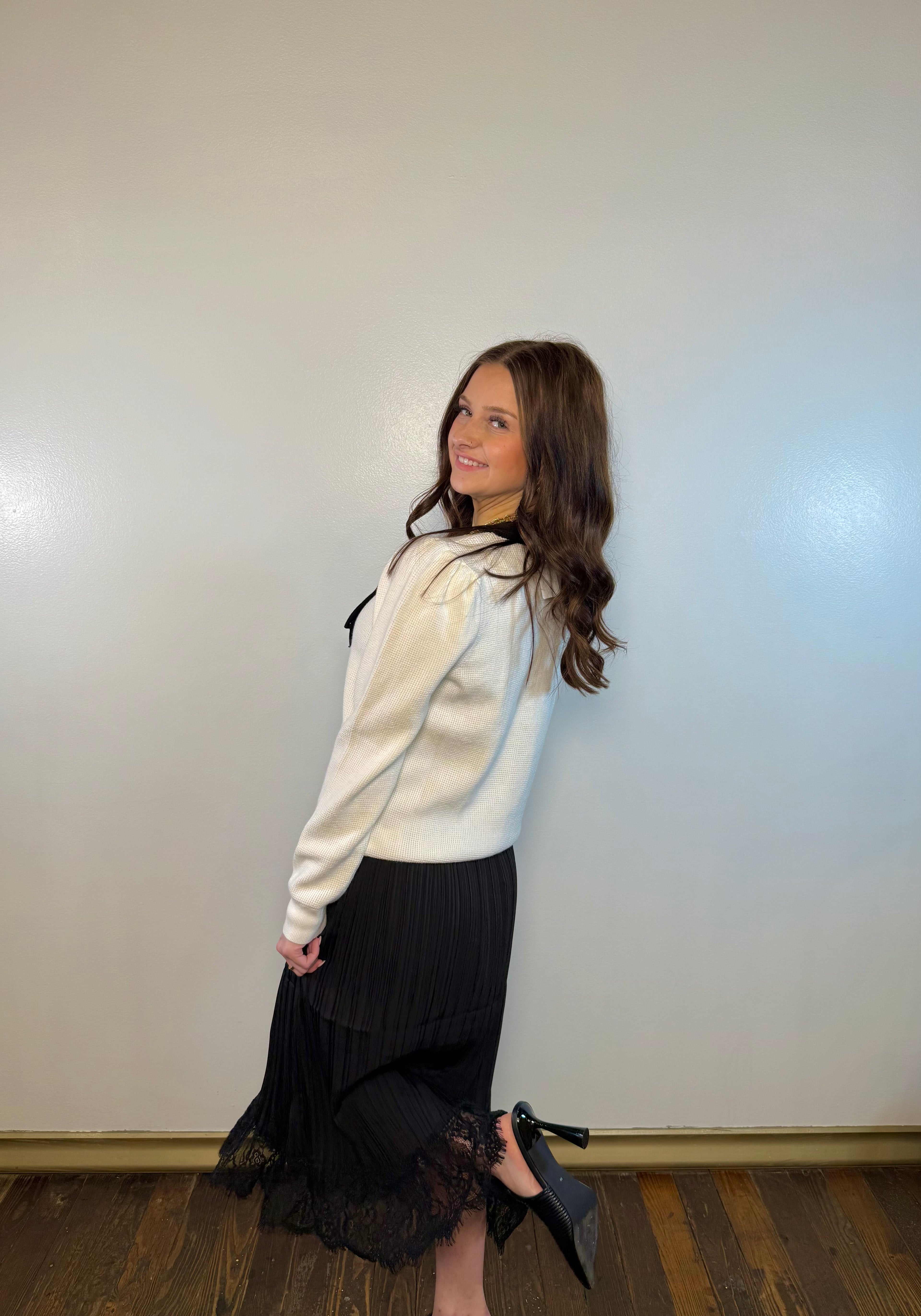 Midnight Pleated Lace Midi Skirt