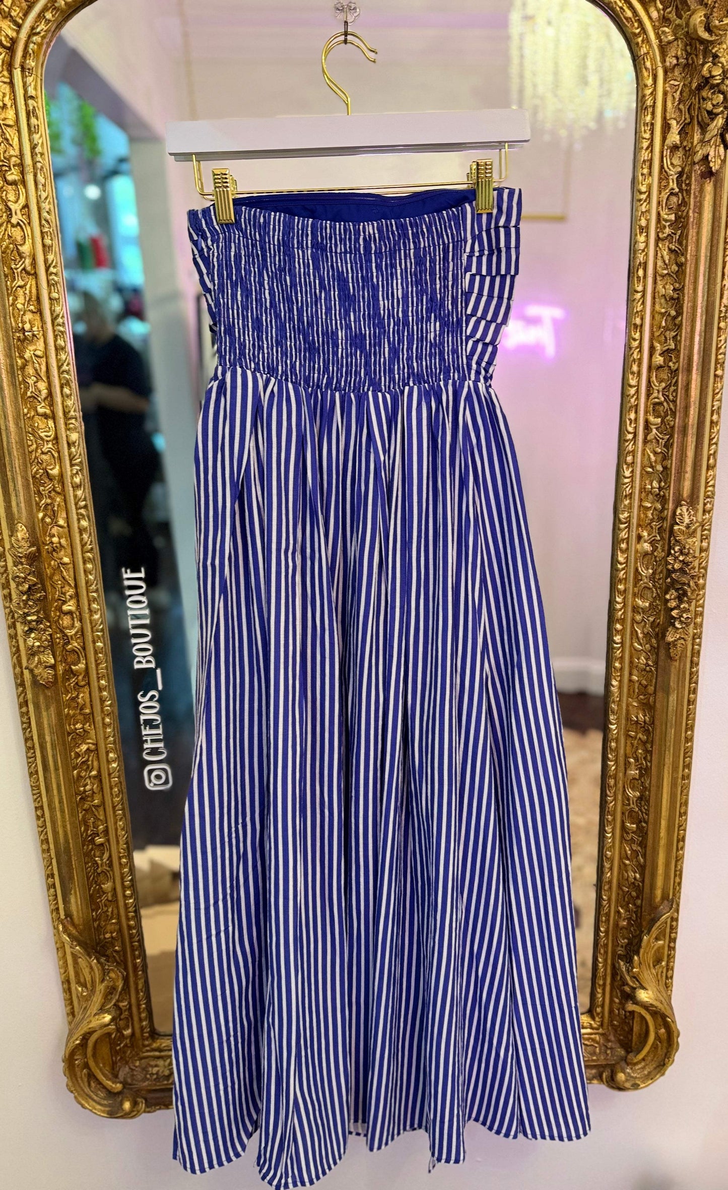 Azure Stripe Strapless Flare Maxi Dress