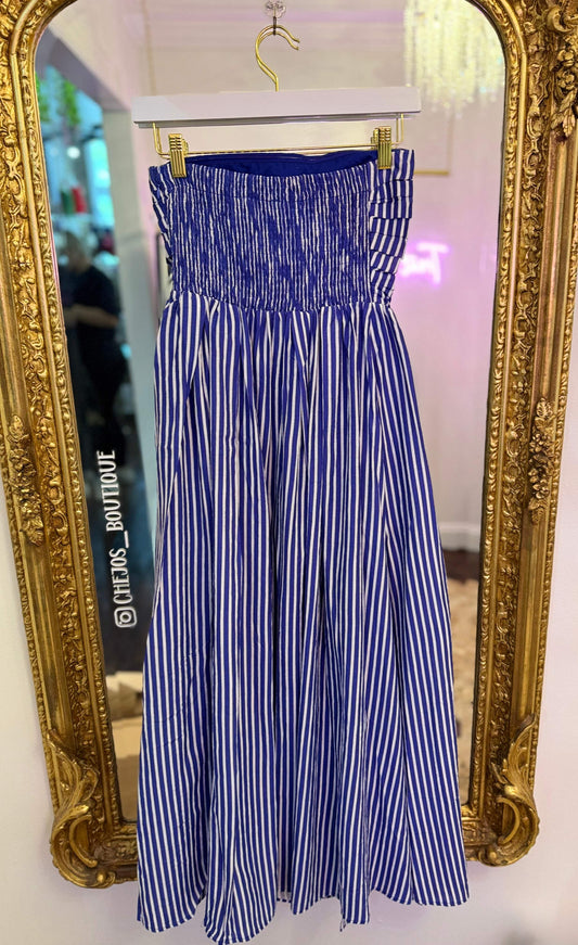 Azure Stripe Strapless Flare Maxi Dress