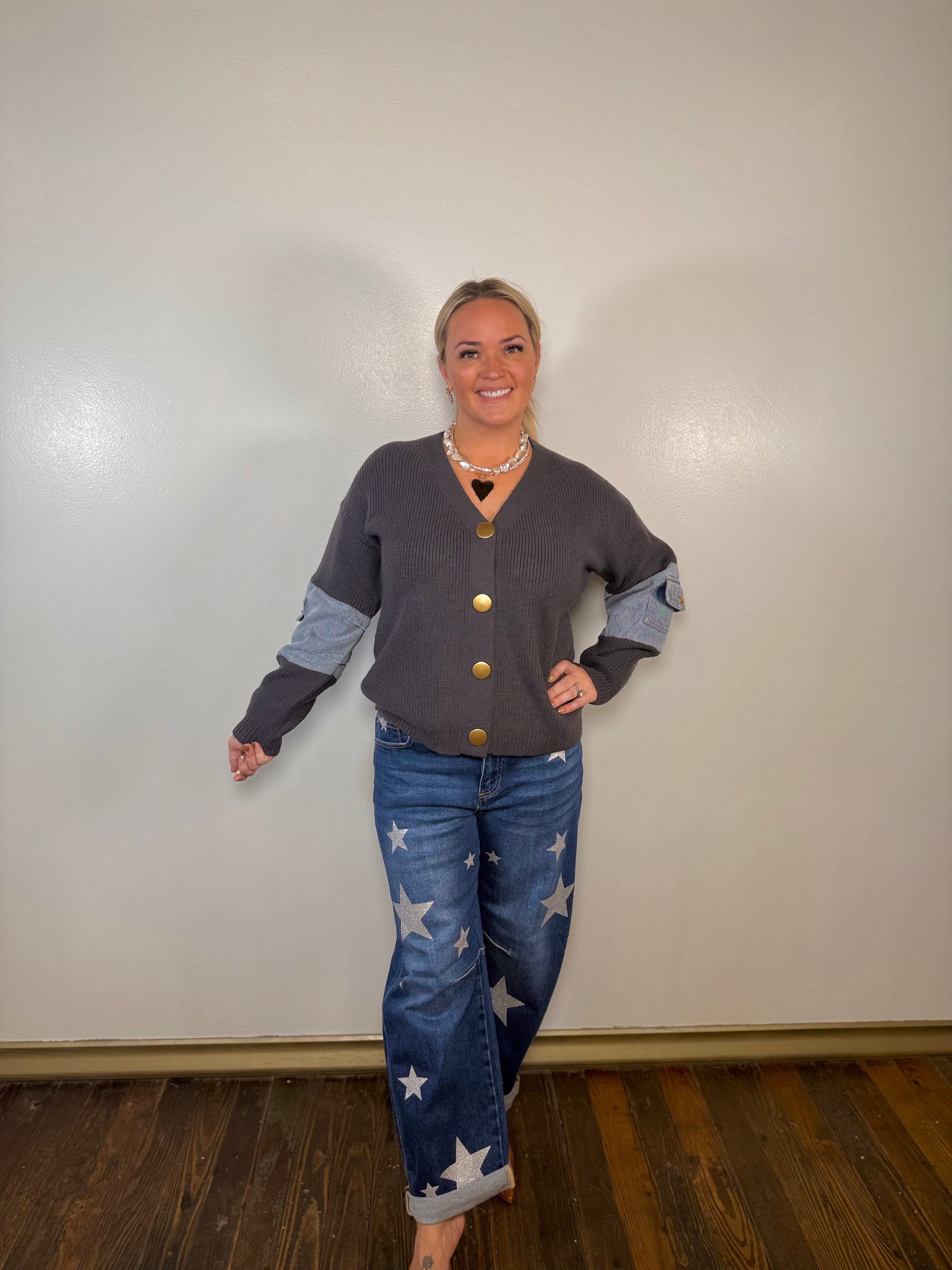 Amiee Knit Denim Patch Cardigan