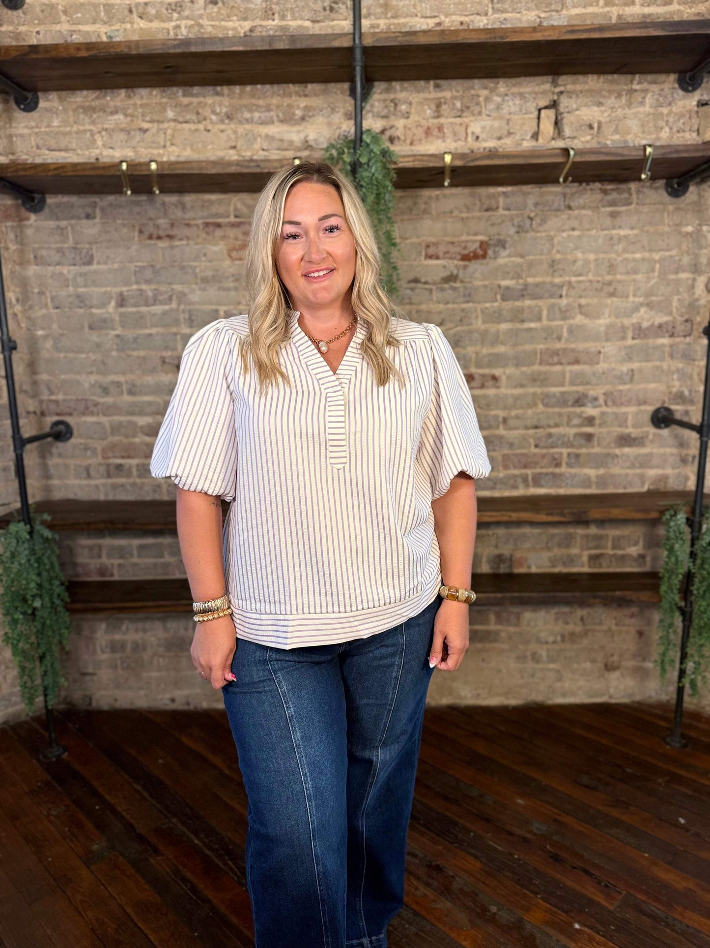 PLUS SIZE | Annabeth Striped Puff Sleeve Top
