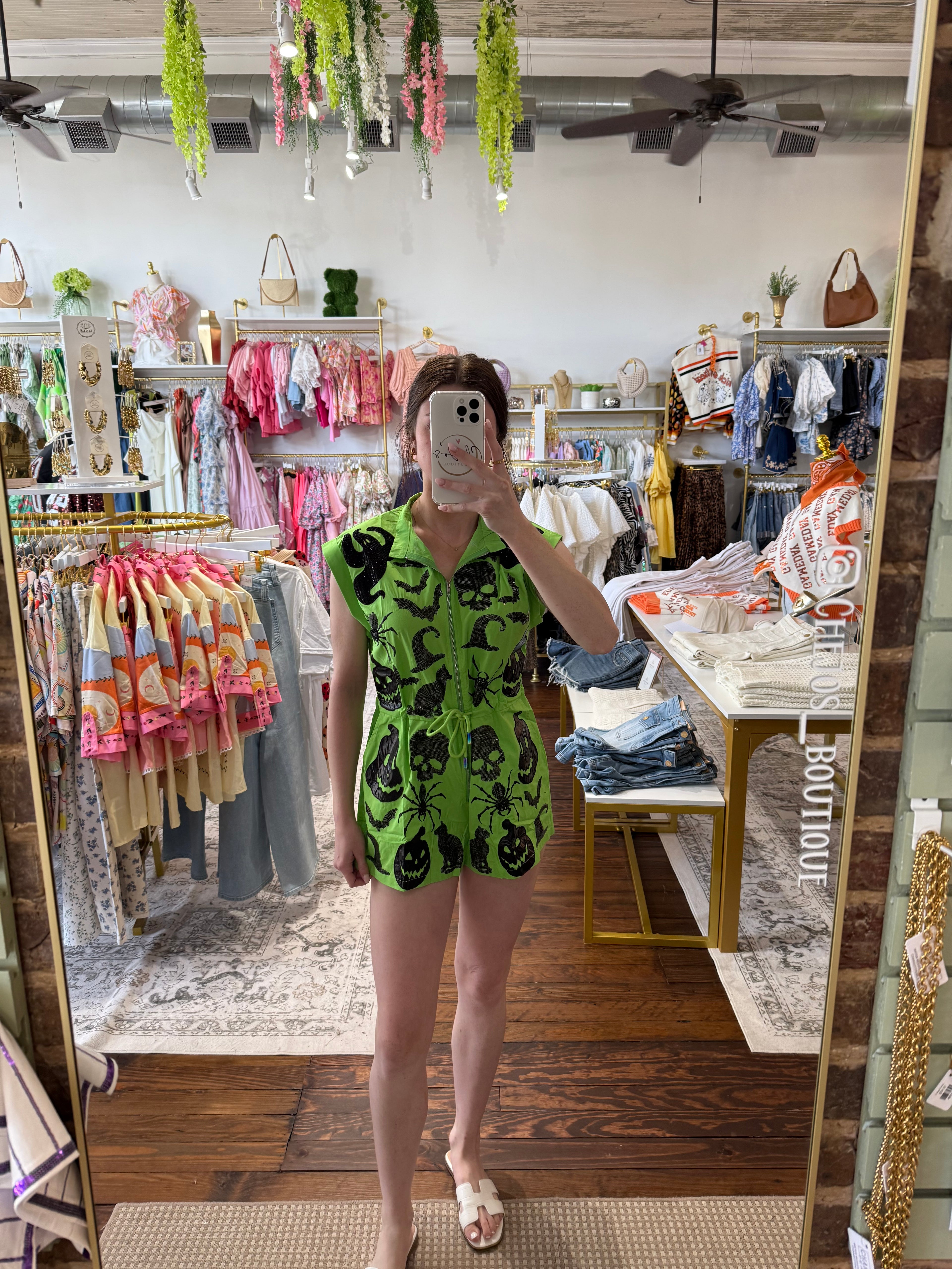 Bright Green & Black Halloween Icon Zip Up Romper | Queen of Sparkles