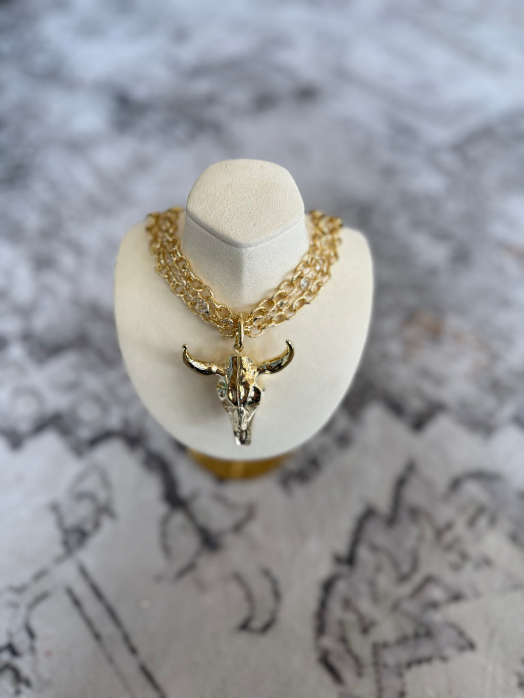 17" Triple Strand Plated Steer Head Pendant Necklace