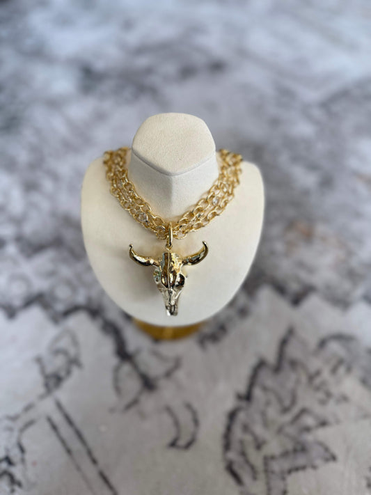 17" Triple Strand Plated Steer Head Pendant Necklace
