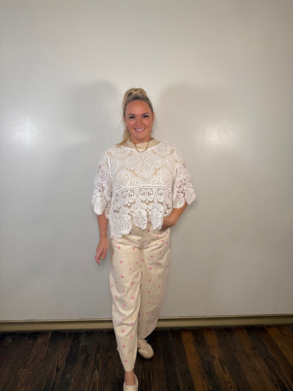 Polka Dot Denim Barrel Pants