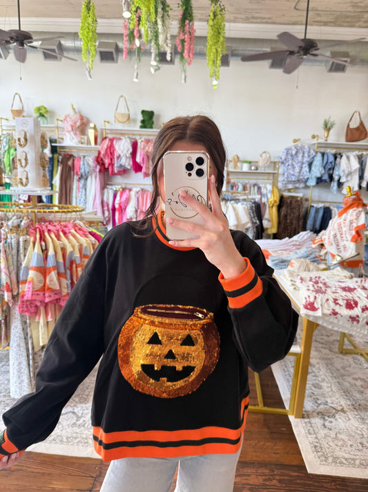 Black Halloween Pumpkin Candy Bucket Sweatshirt | Queen of Sparkles