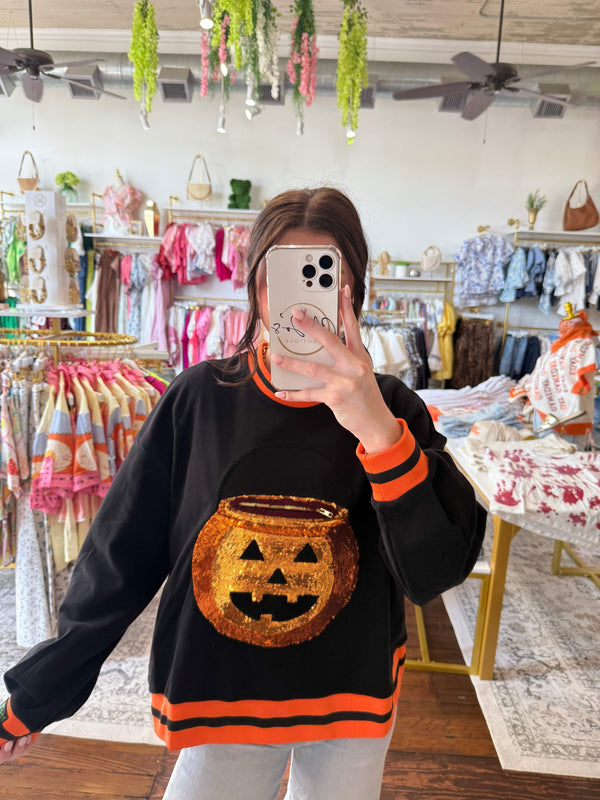 Black Halloween Pumpkin Candy Bucket Sweatshirt | Queen of Sparkles