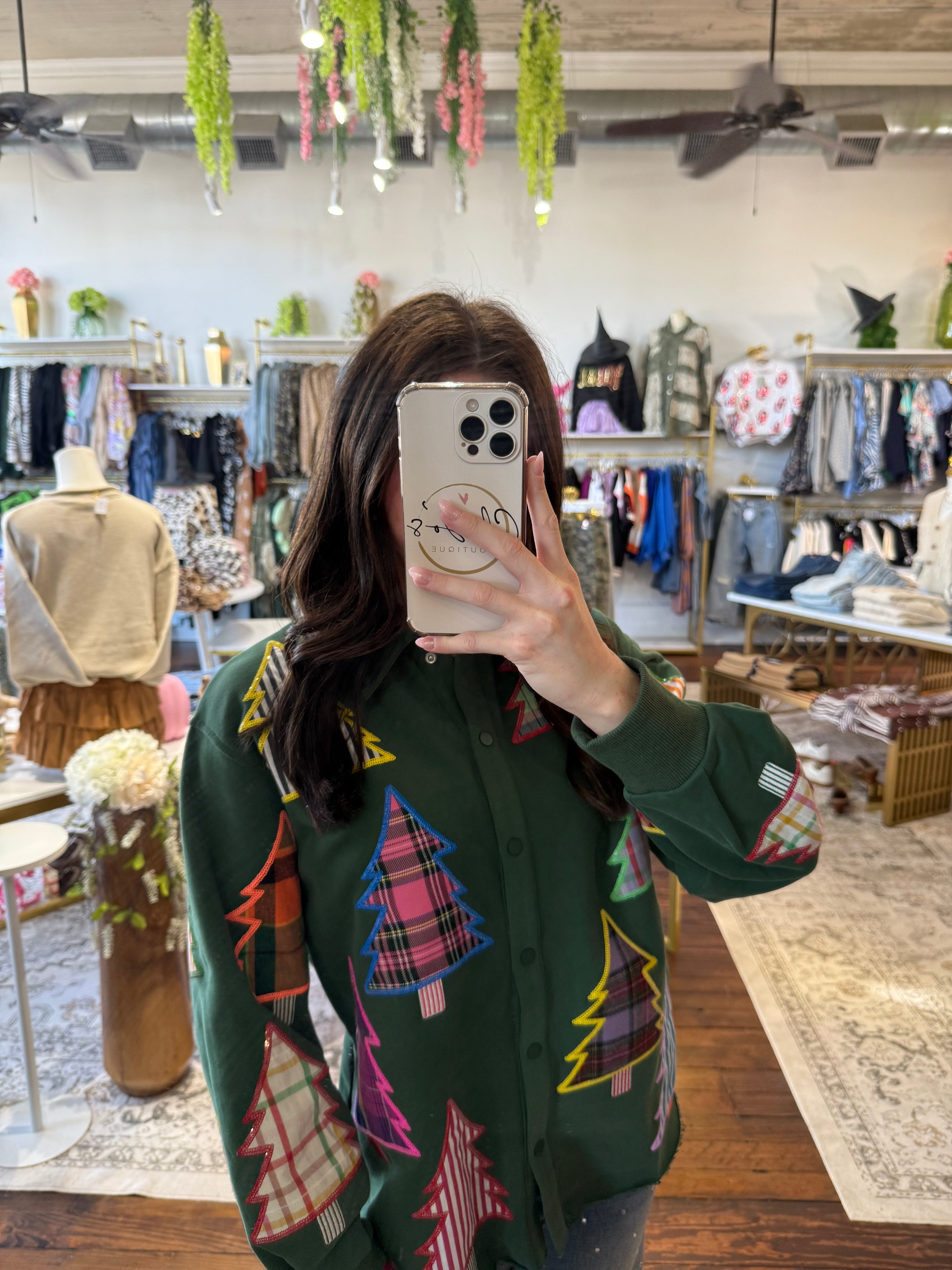 Dark Green Multi Plaid & Stripe Christmas Tree Button Up Shacket | Queen Of Sparkles