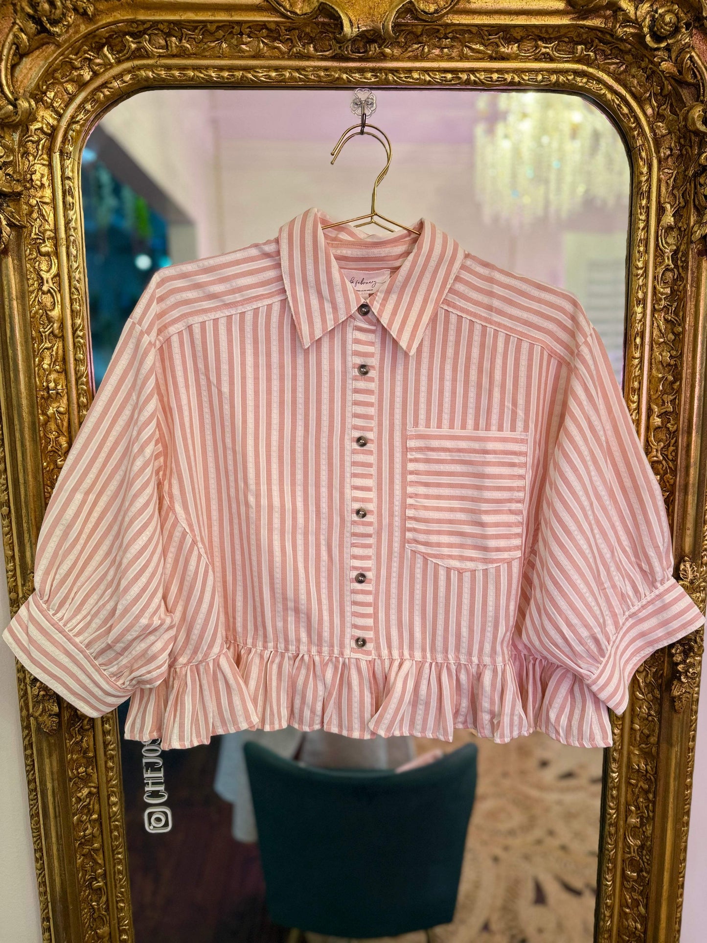 Clover Charm Stripe Ruffle Button-Down Top