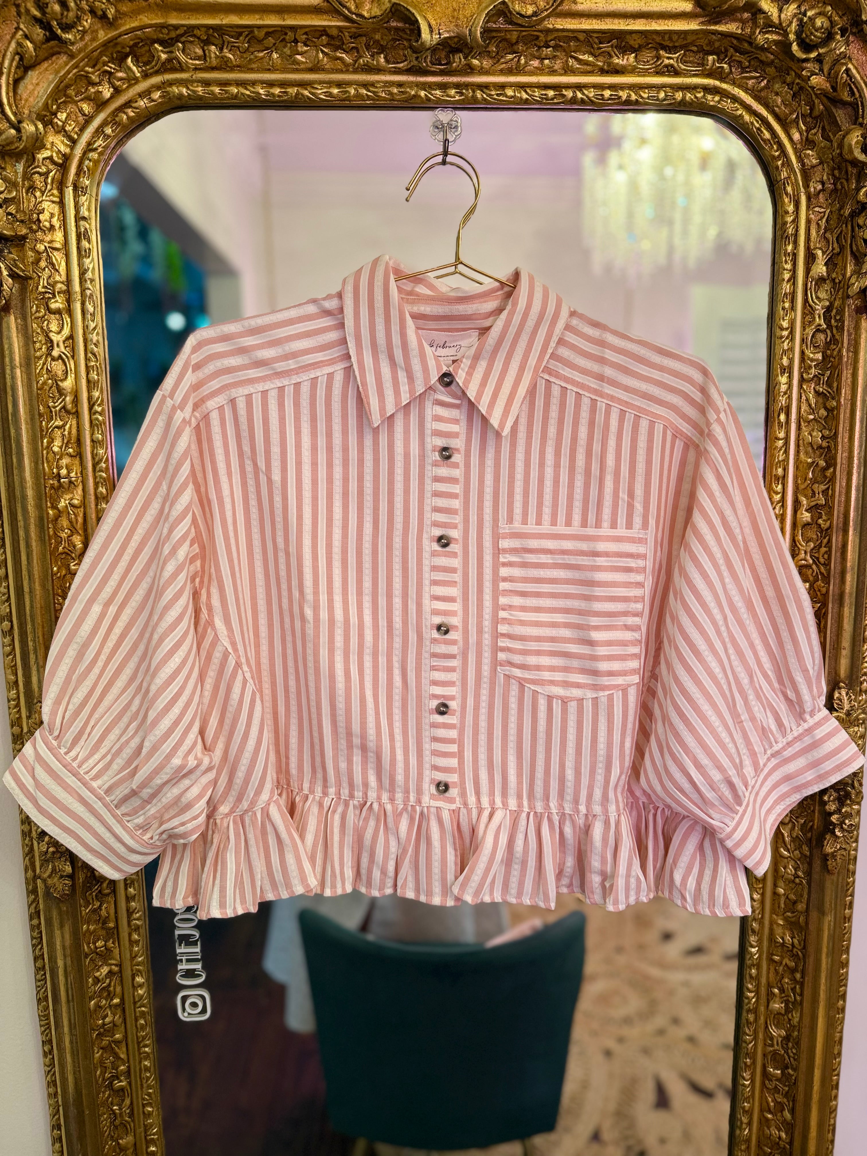 Clover Charm Stripe Ruffle Button-Down Top