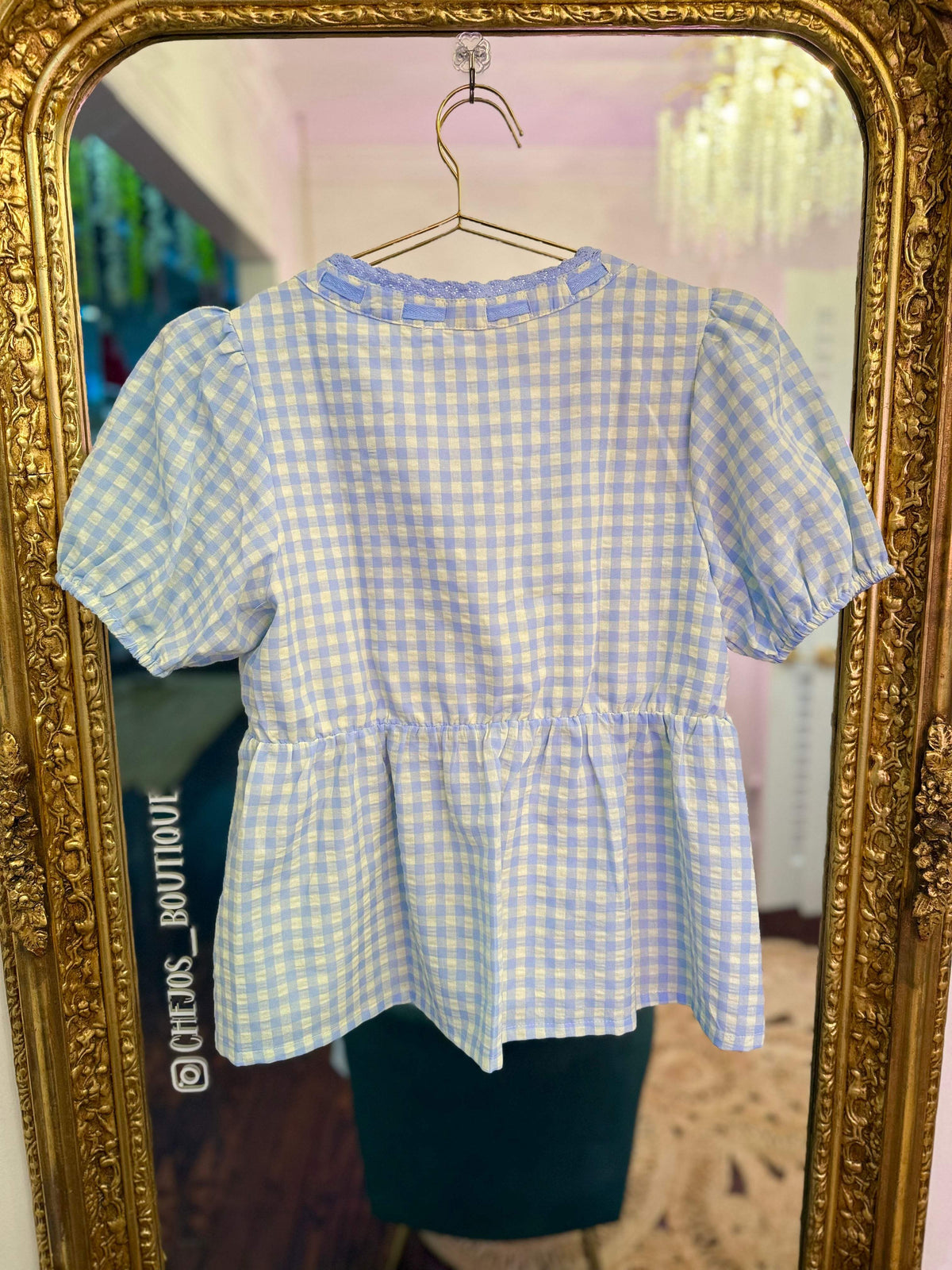 Gingham Garden Embroidered Puff Sleeve Top