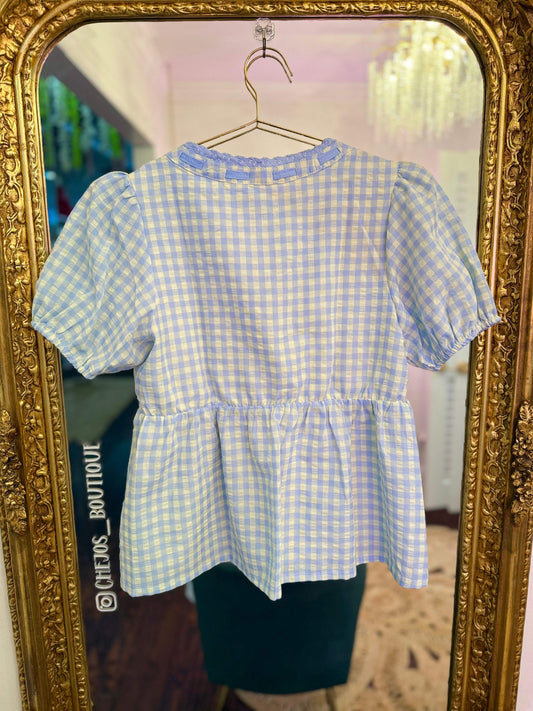 Gingham Garden Embroidered Puff Sleeve Top