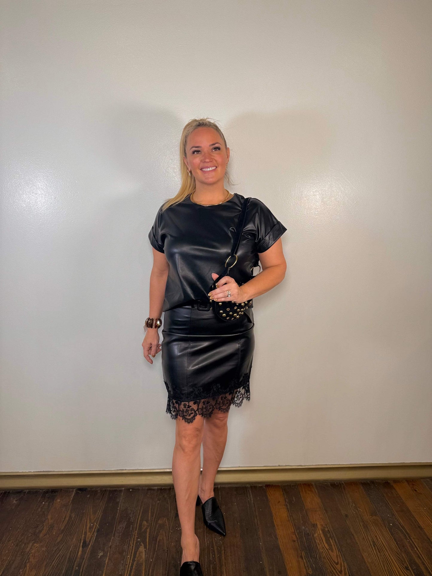 Lace Detail Leather Belted Midi Skirt