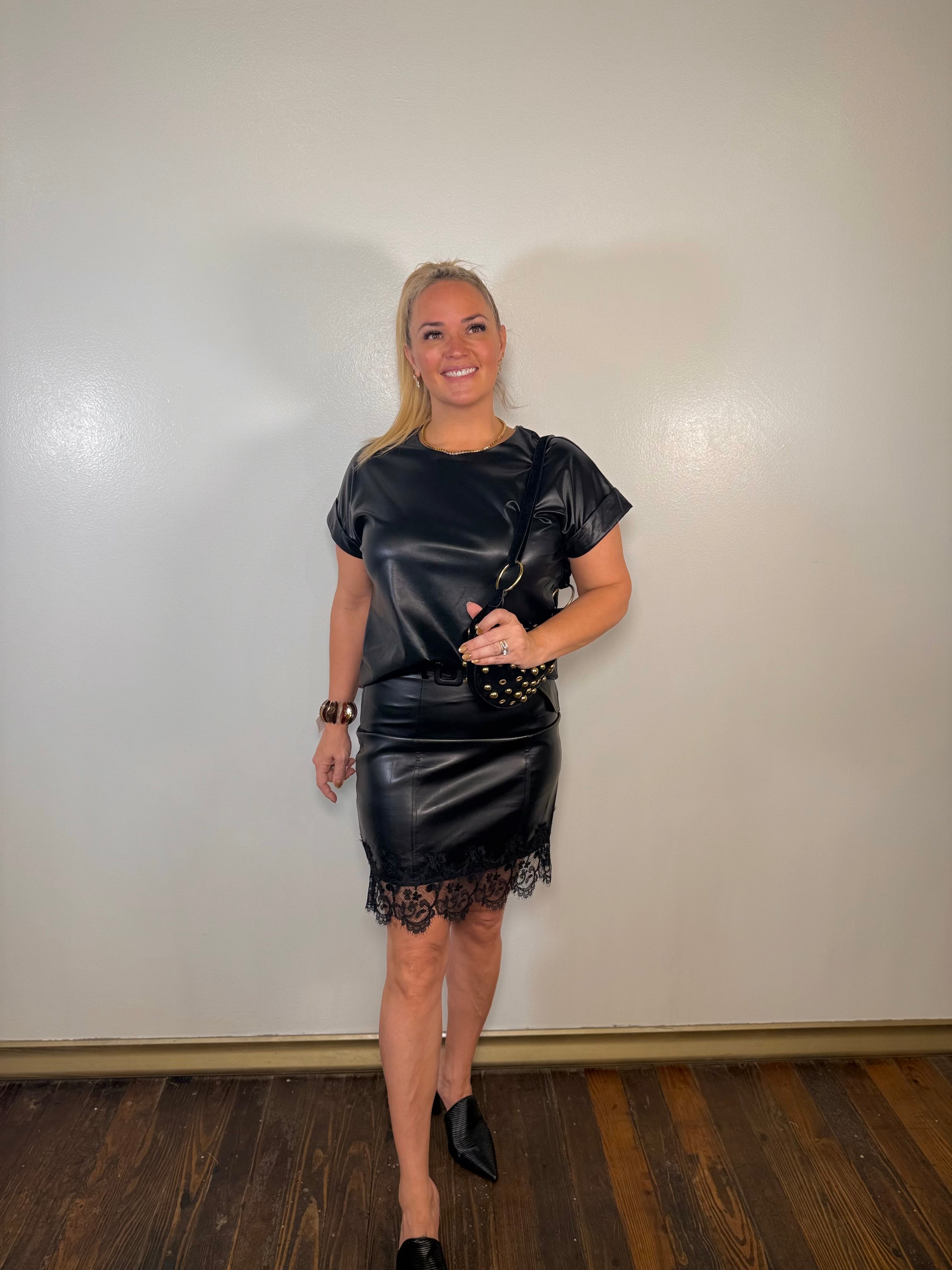 Lace Detail Leather Belted Midi Skirt