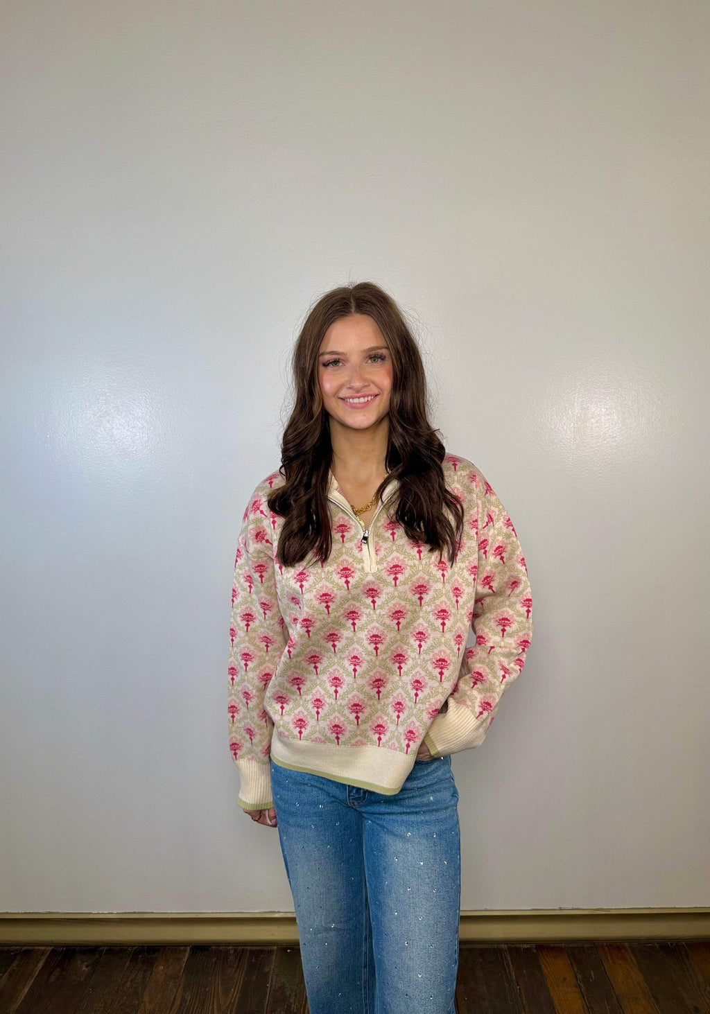 Vintage Floral Half Zip Sweater