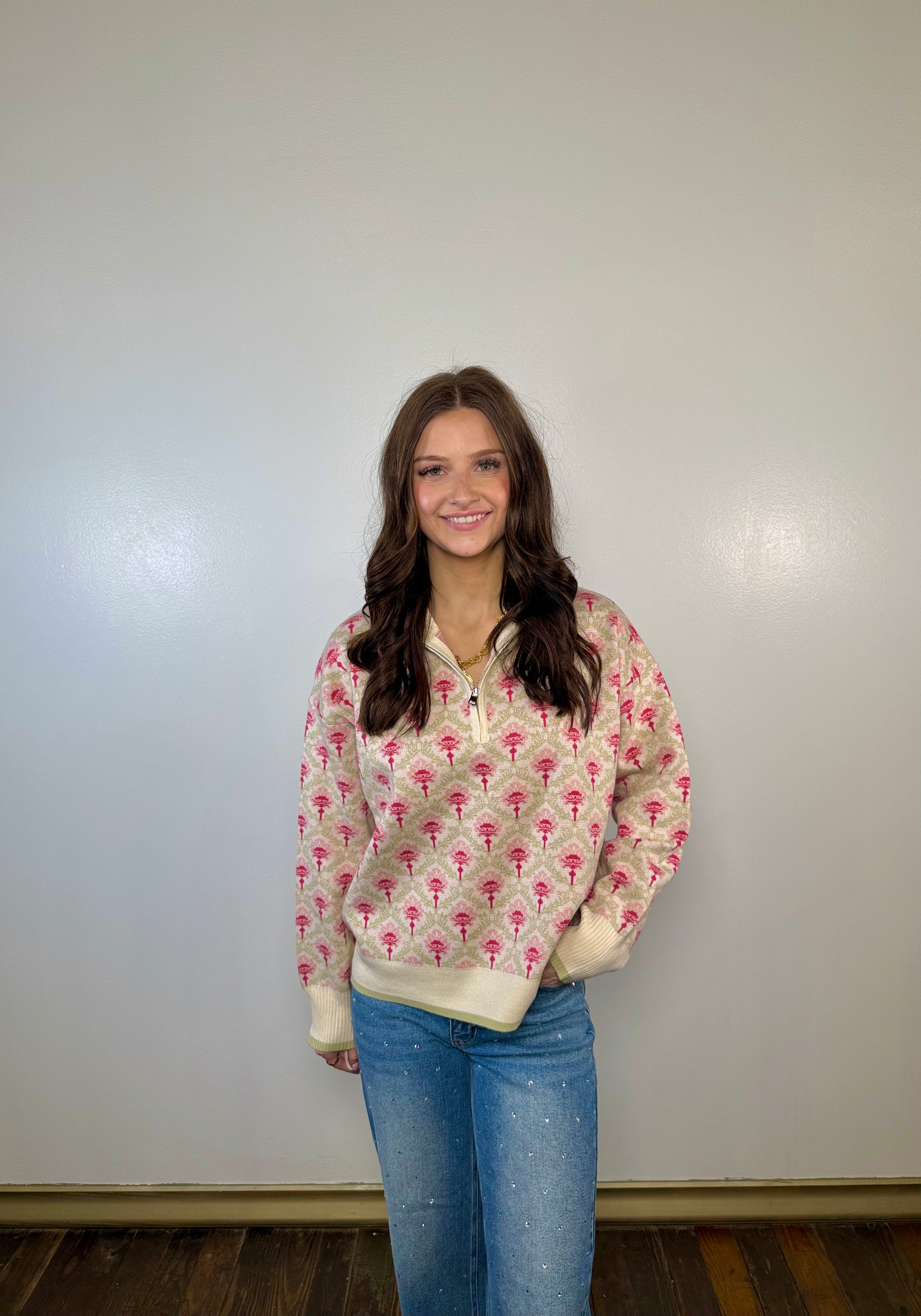 Vintage Floral Half Zip Sweater
