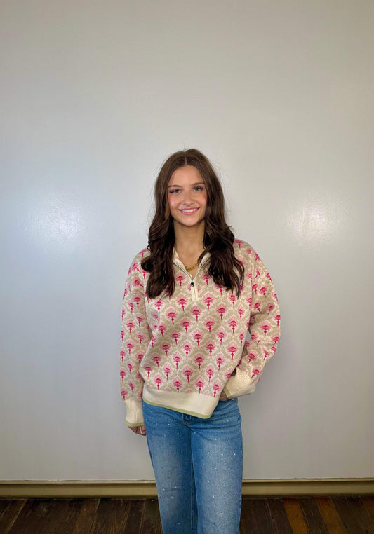 Vintage Floral Half Zip Sweater