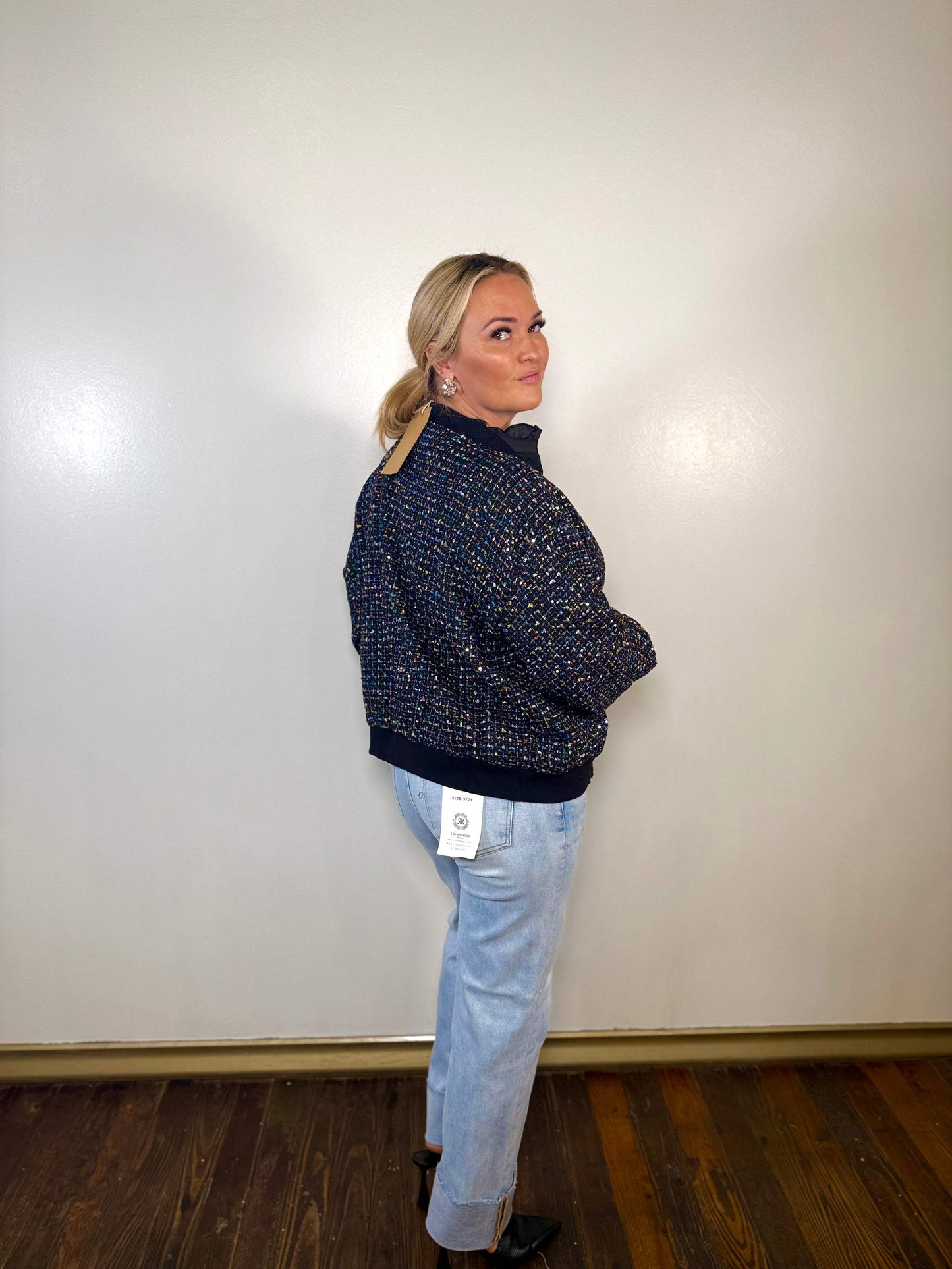 Sequin Tweed Bomber Jacket