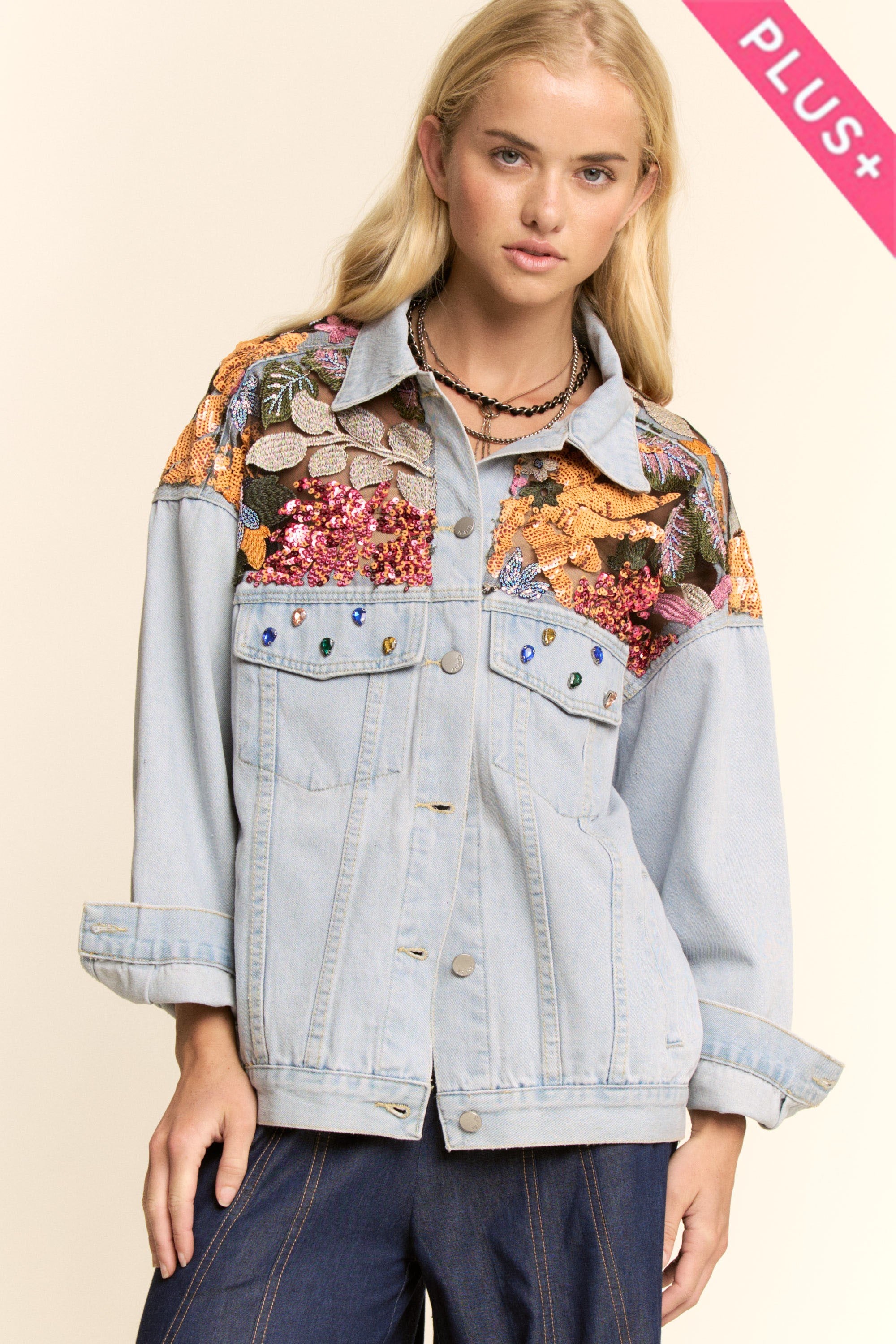 PLUS SIZE | Sequin Embroidered Vibrant Denim Jacket