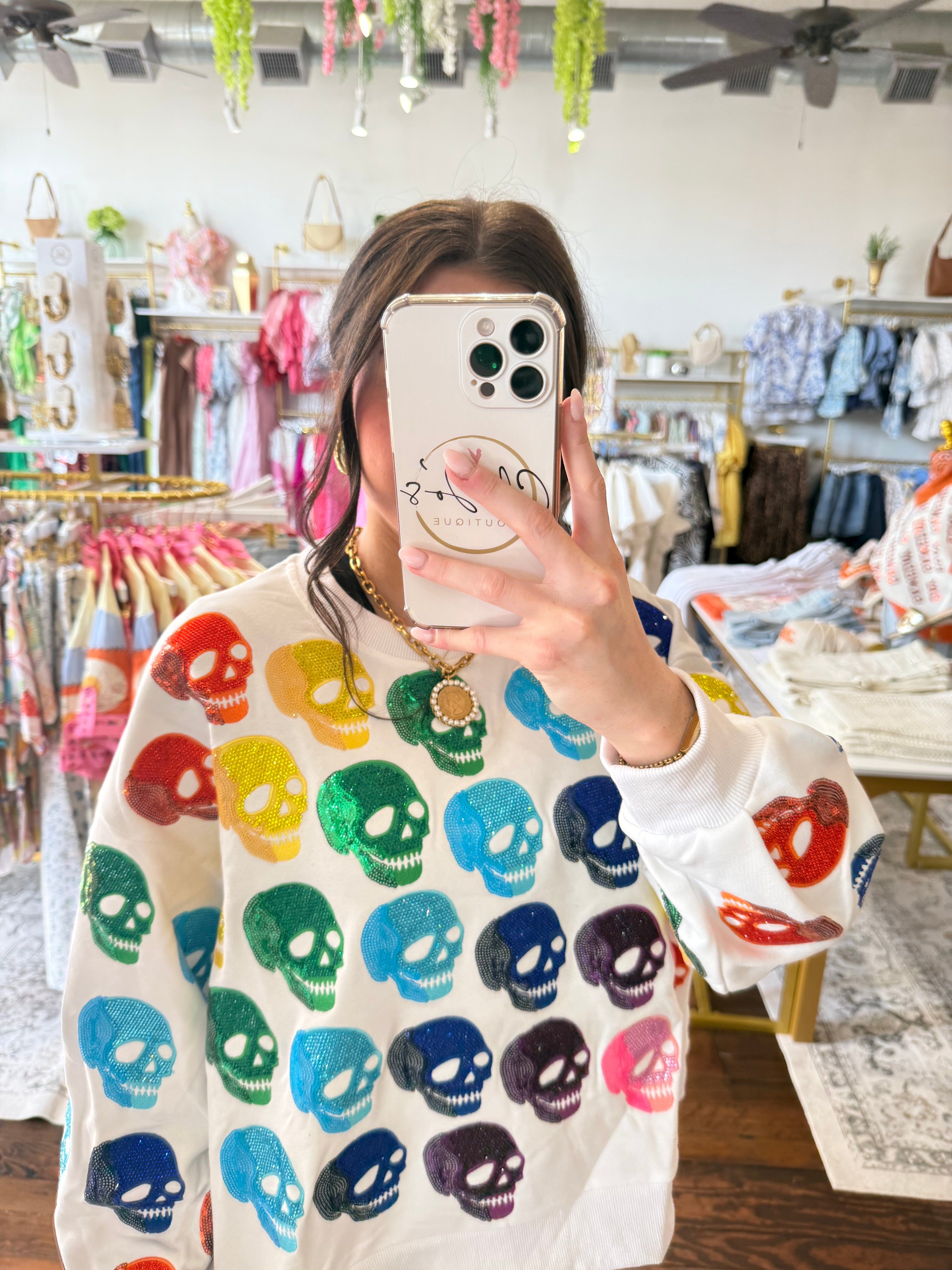 White Rainbow Skulls Sweatshirt | Queen of Sparkles