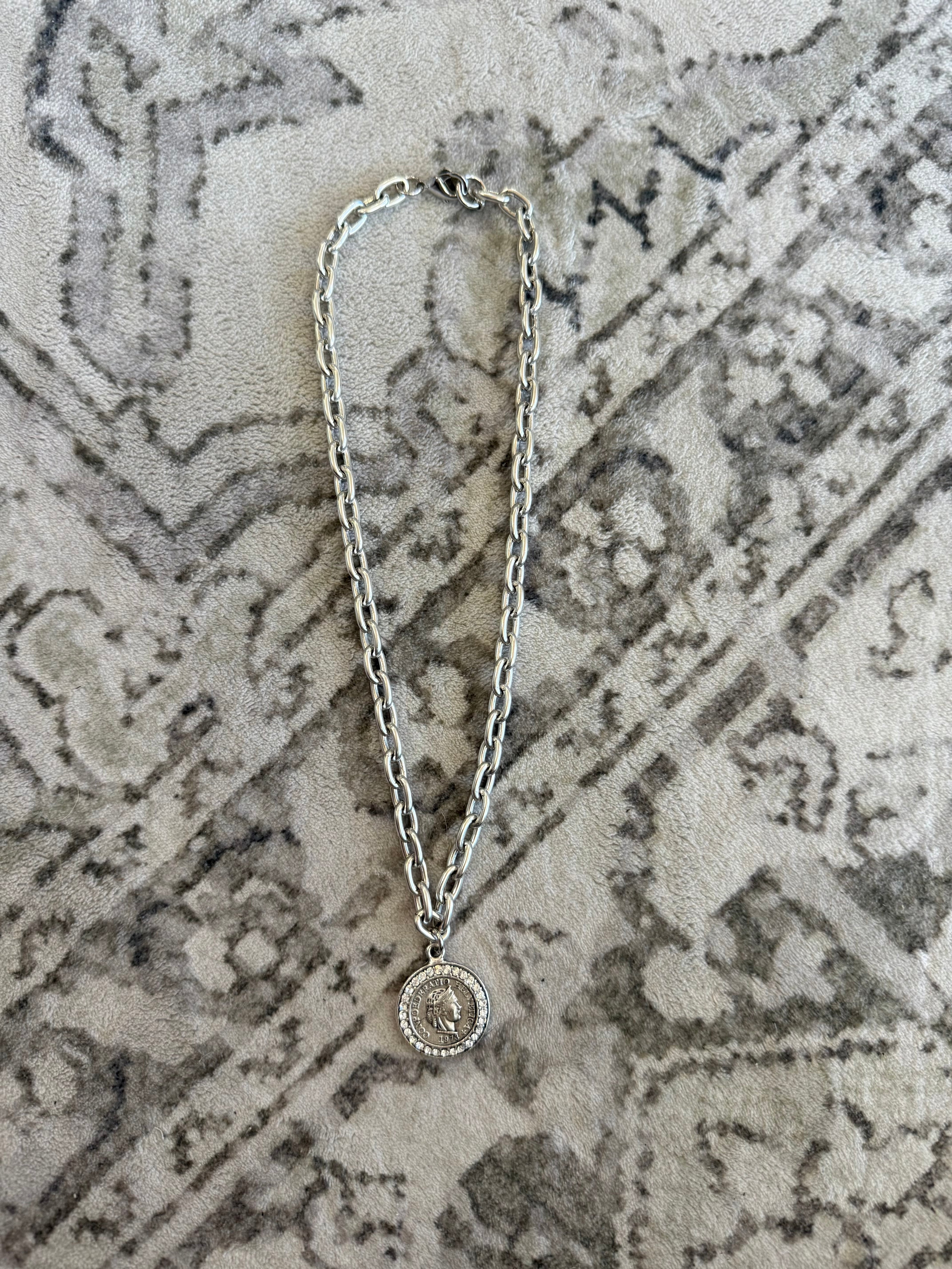 1973 Heirloom Rhinestone Medallion Coin Necklace
