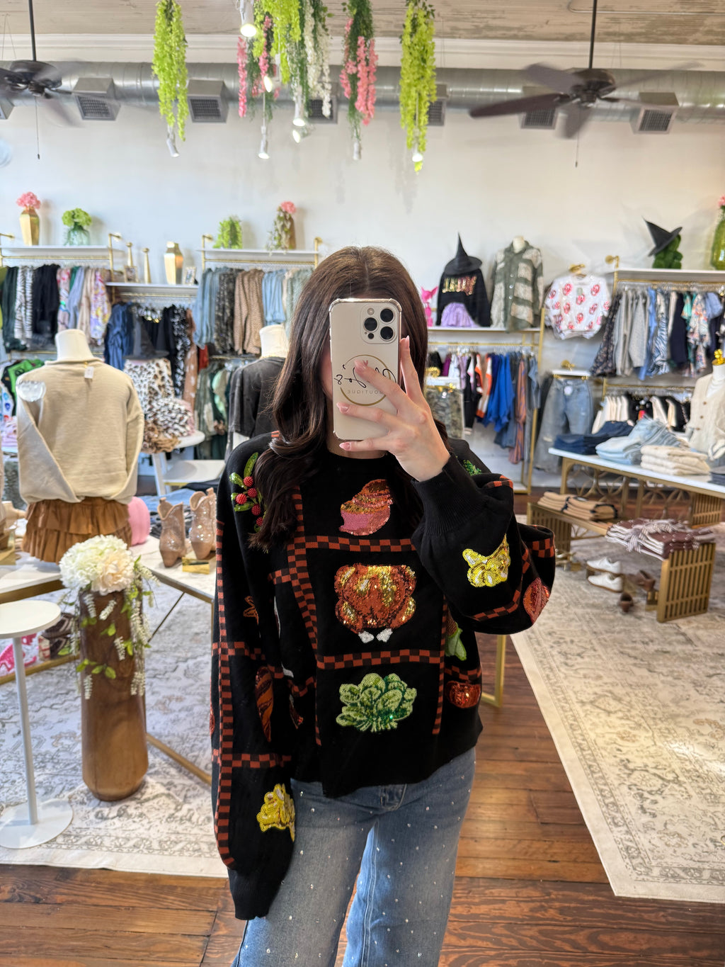 Black Checkered Thanksgiving Icon Sweater | Queen of Sparkles