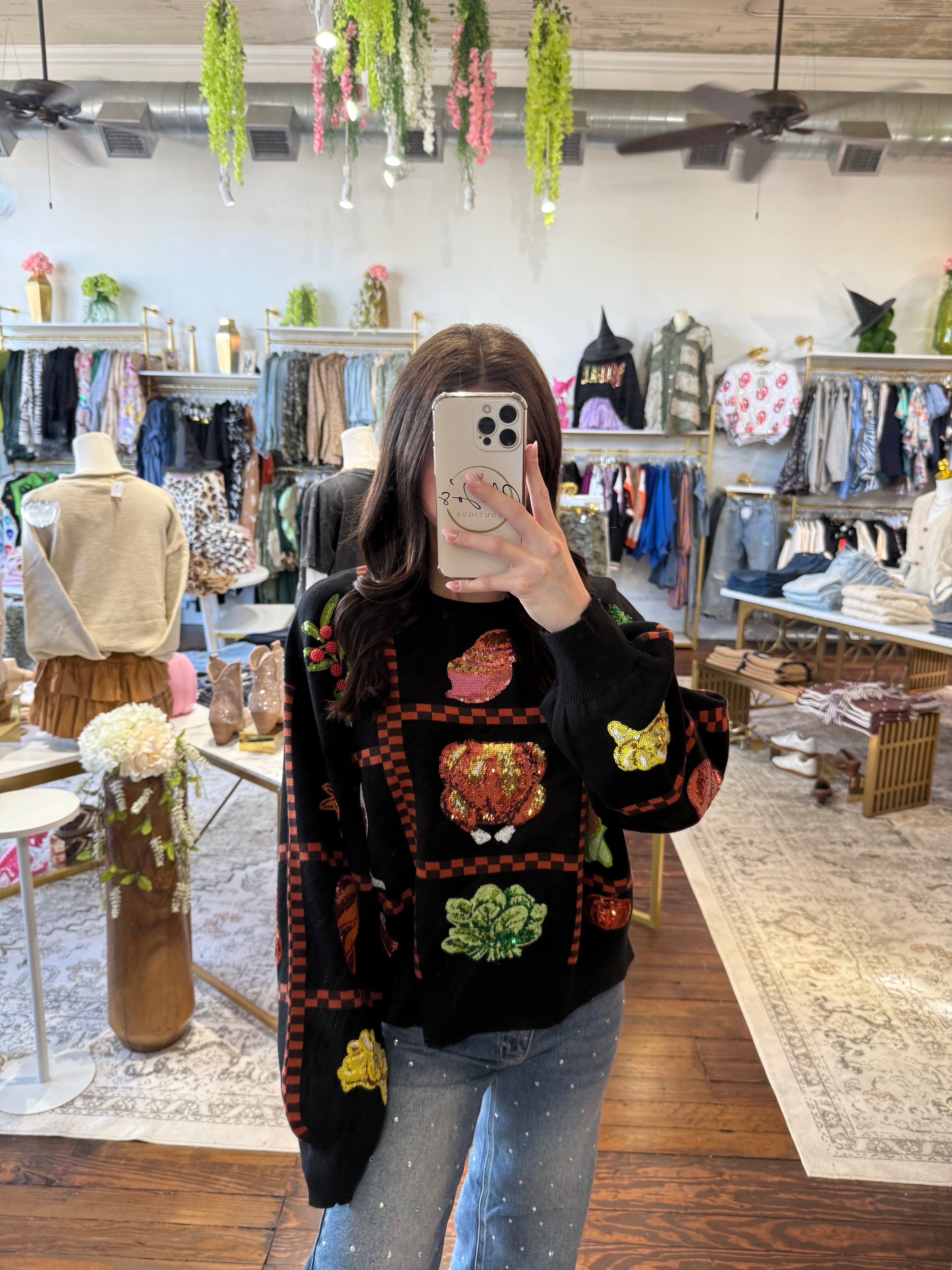 Black Checkered Thanksgiving Icon Sweater | Queen of Sparkles