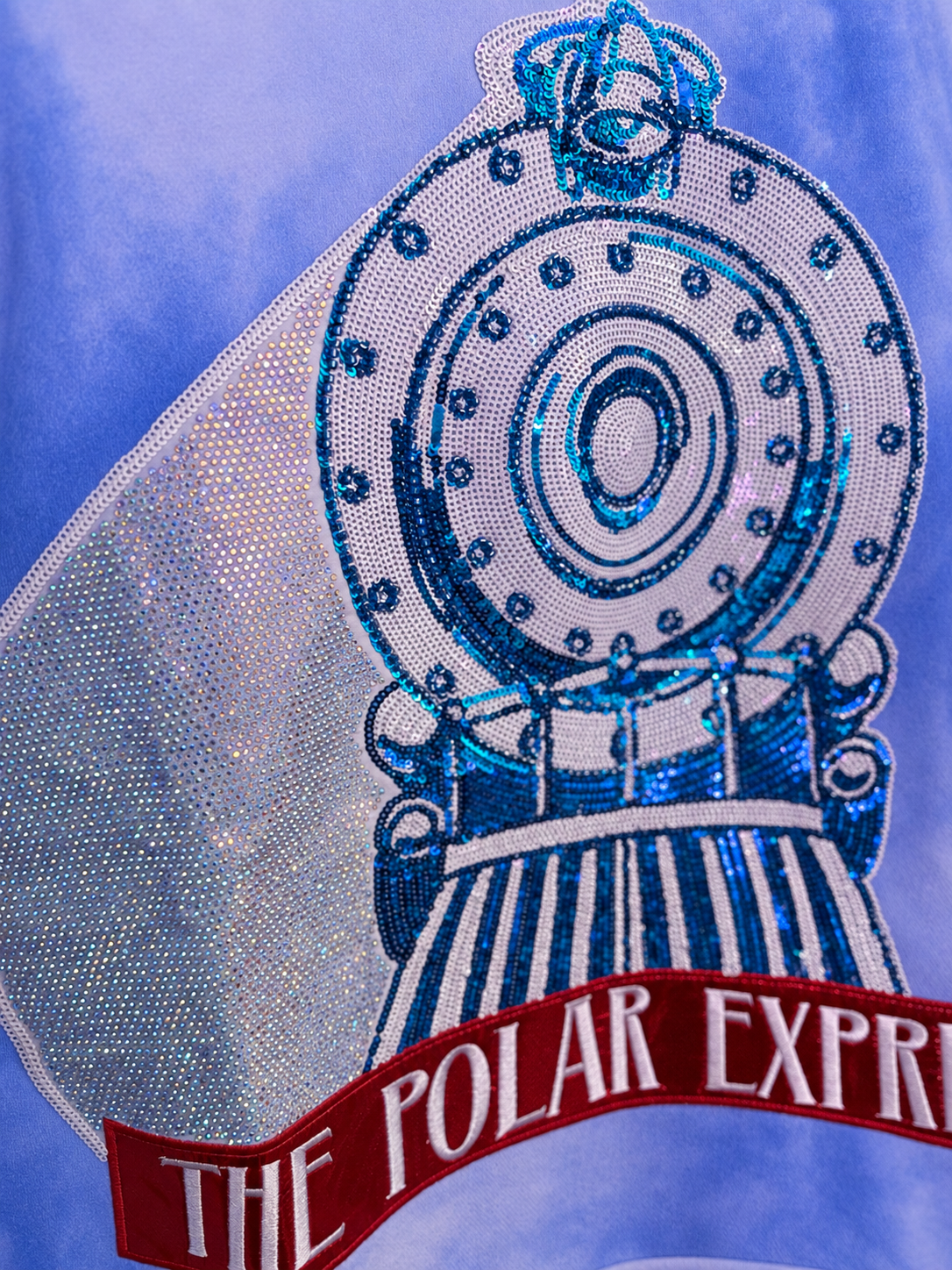 Licensed Light Blue Fog Sequin, Rhinestone & Beaded Polar Express Sweatshirt | Queen of Sparkles