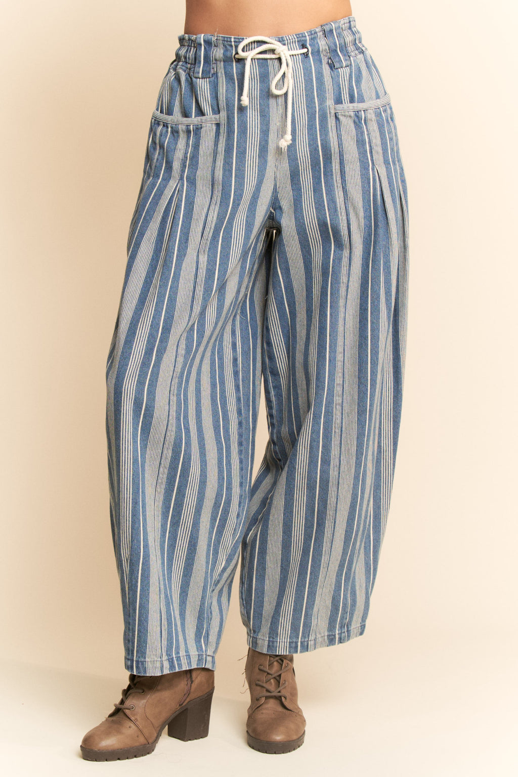 Striped Barrel Drawstring Jeans