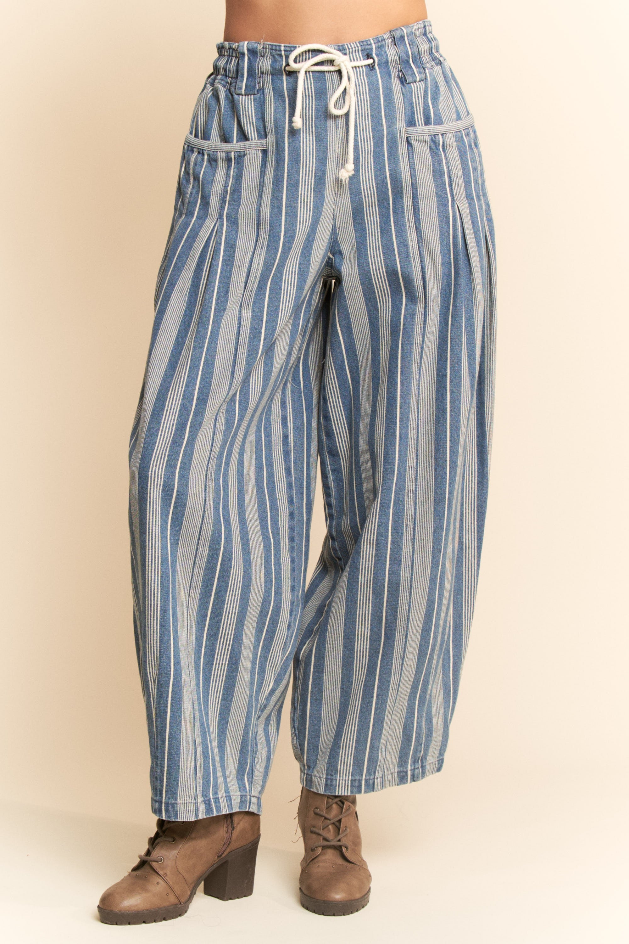 Striped Barrel Drawstring Jeans