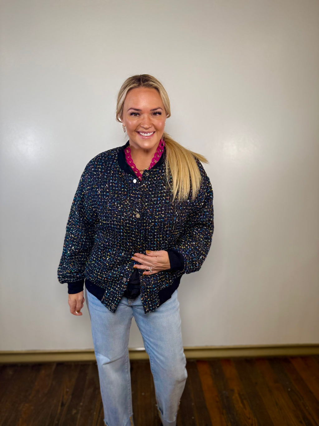 Sequin Tweed Bomber Jacket