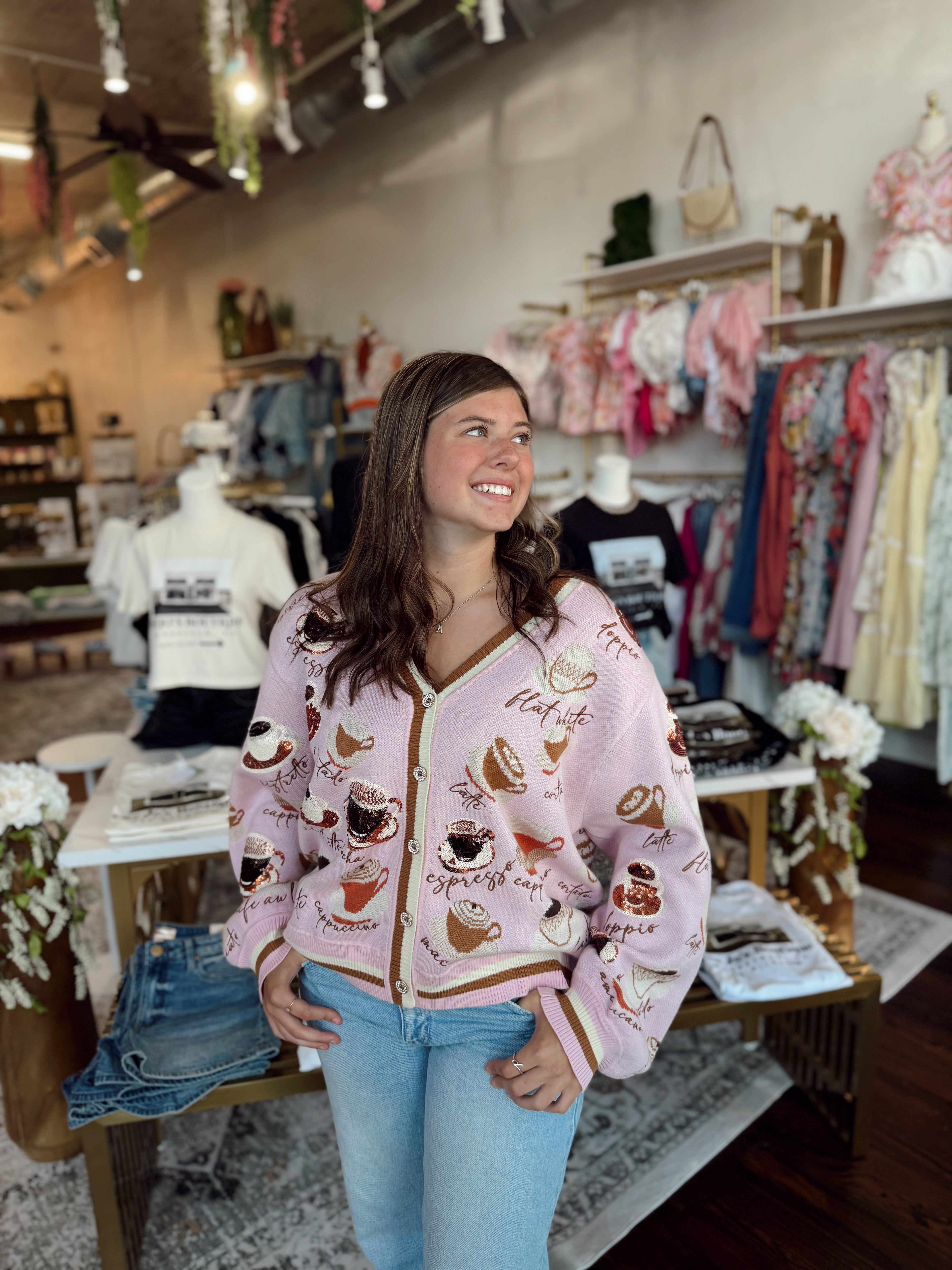 Light Pink Types Of Coffee Cardigan | Queen of Sparkles | PLUS SIZE AVAILABLE
