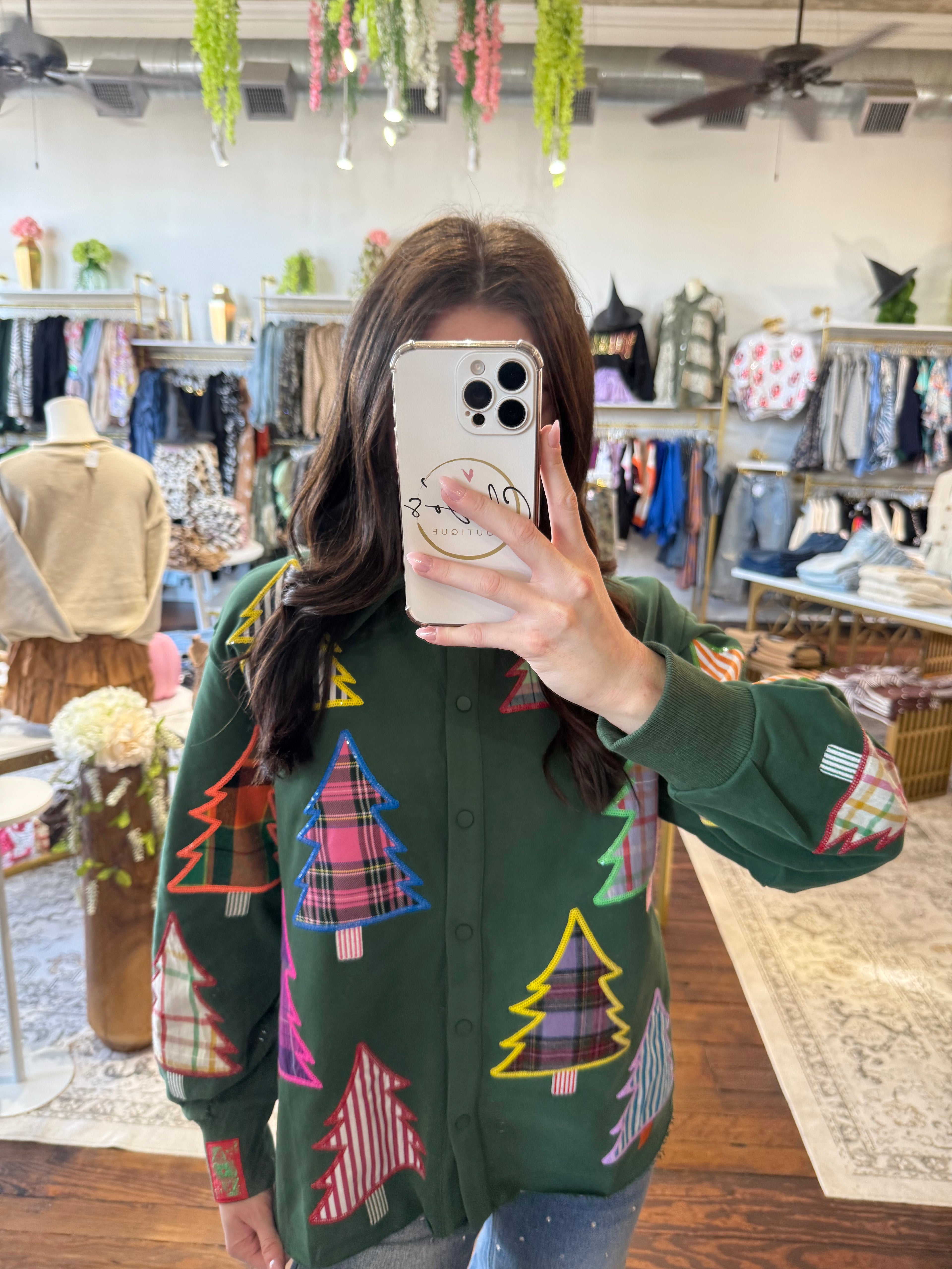 Dark Green Multi Plaid & Stripe Christmas Tree Button Up Shacket | Queen Of Sparkles