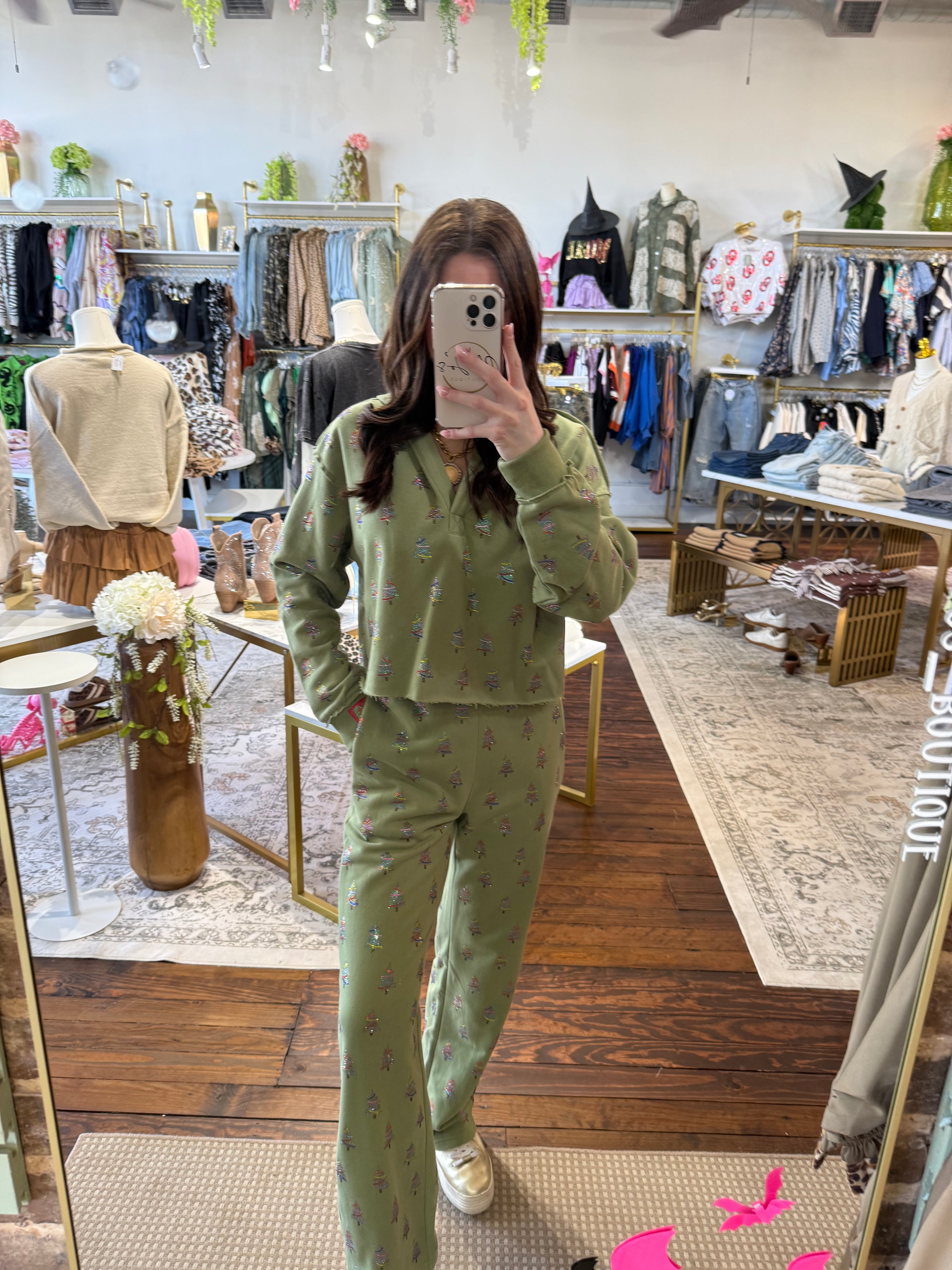 Mossy Green Scattered Multi Christmas Tree Sweatpant | Queen of Sparkles
