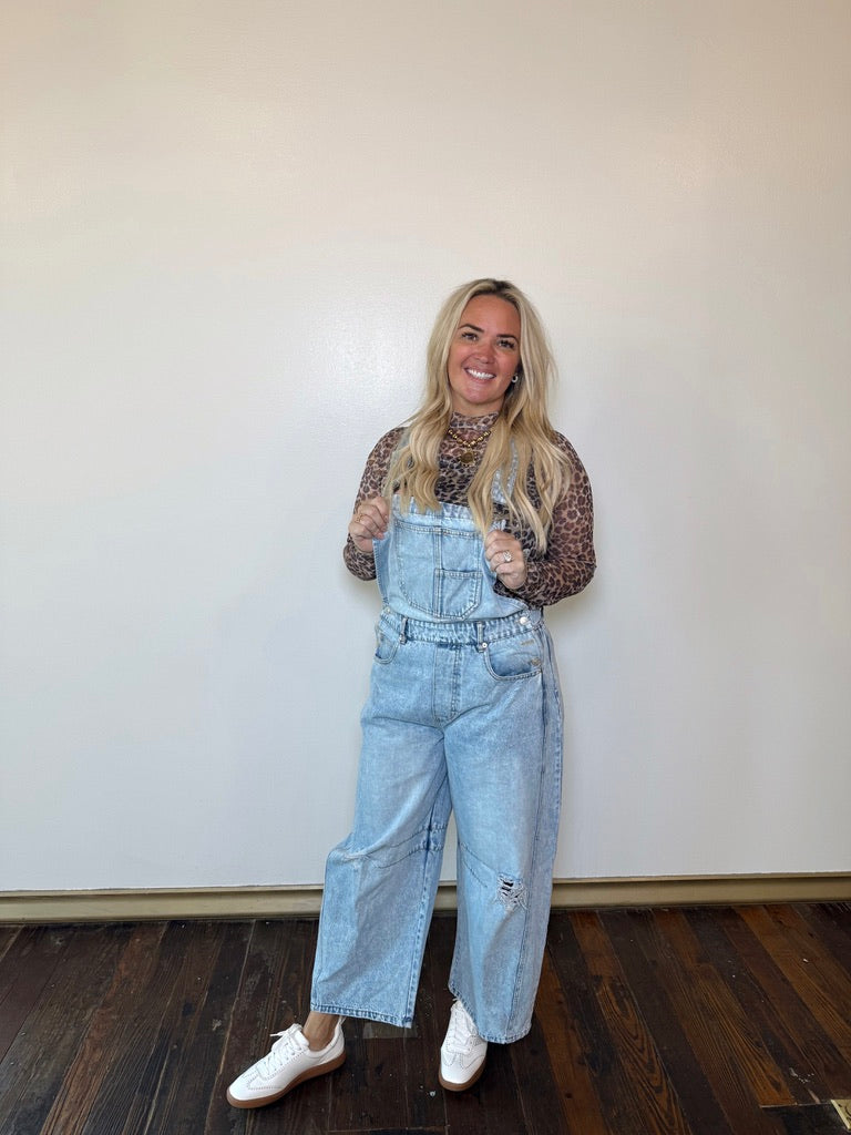 Distressed Barrel Jean Overalls