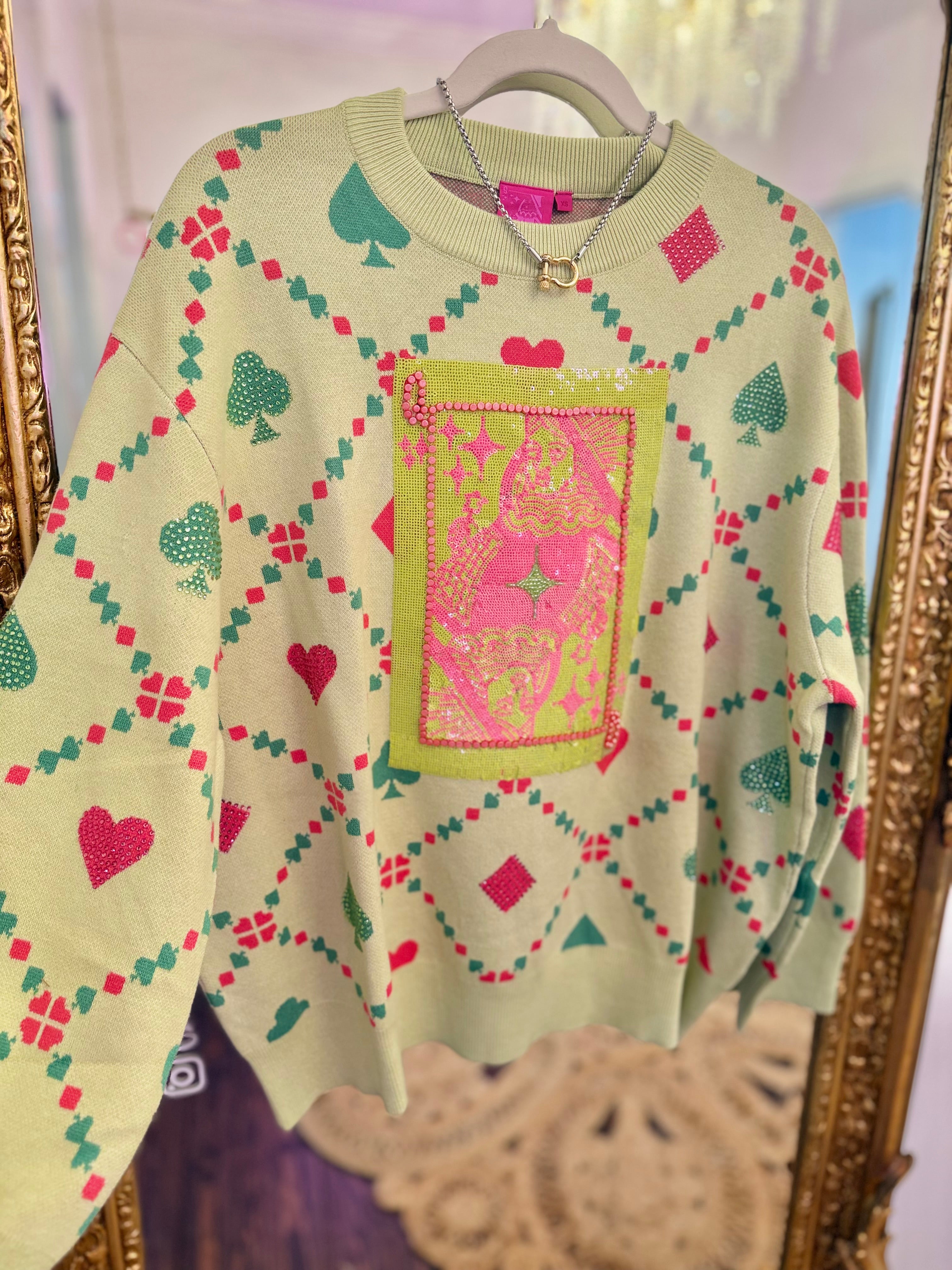 Light Green Multi QOS Card Logo & Suits Sweater | Queen of Sparkles