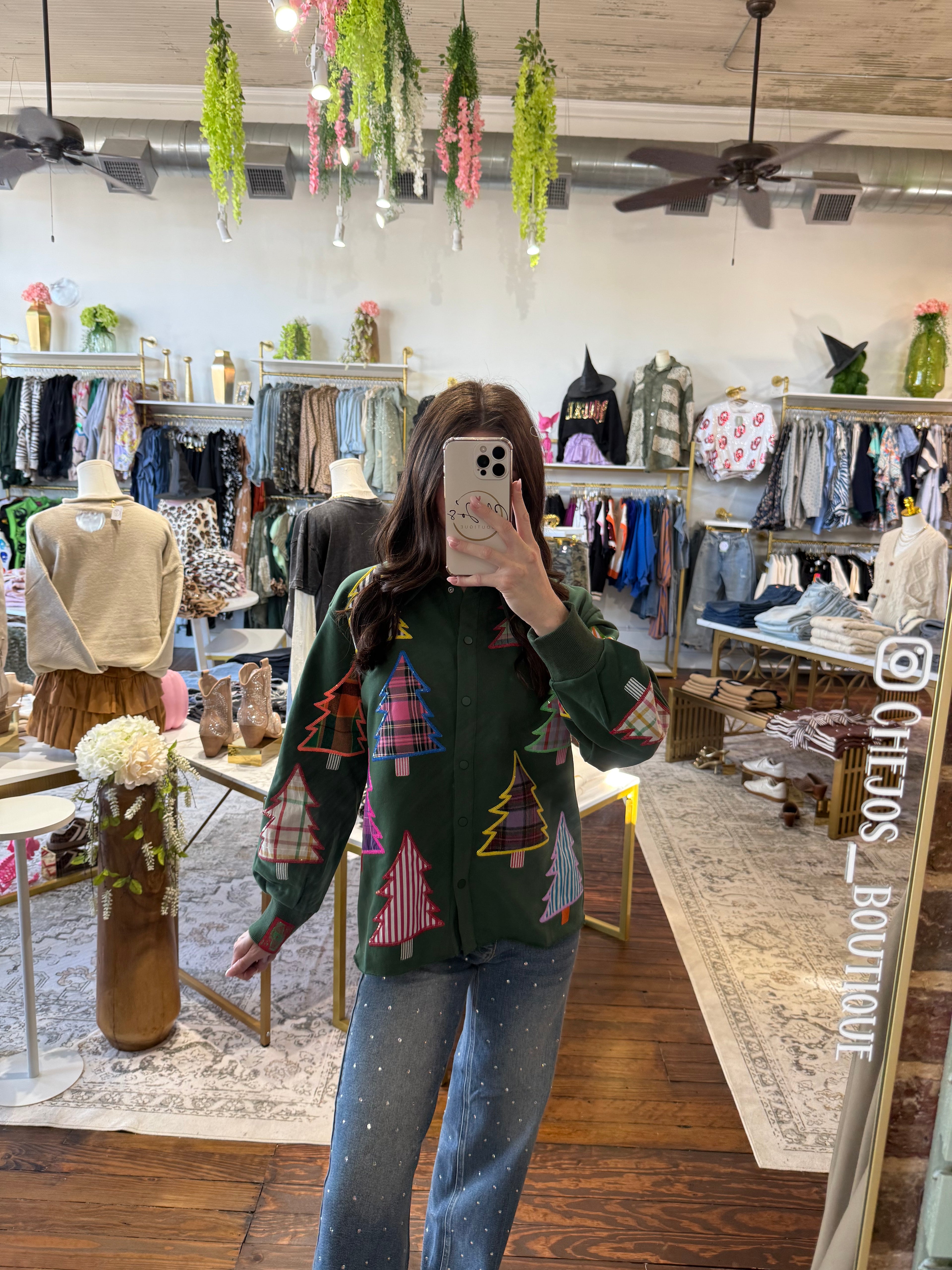 Dark Green Multi Plaid & Stripe Christmas Tree Button Up Shacket | Queen Of Sparkles