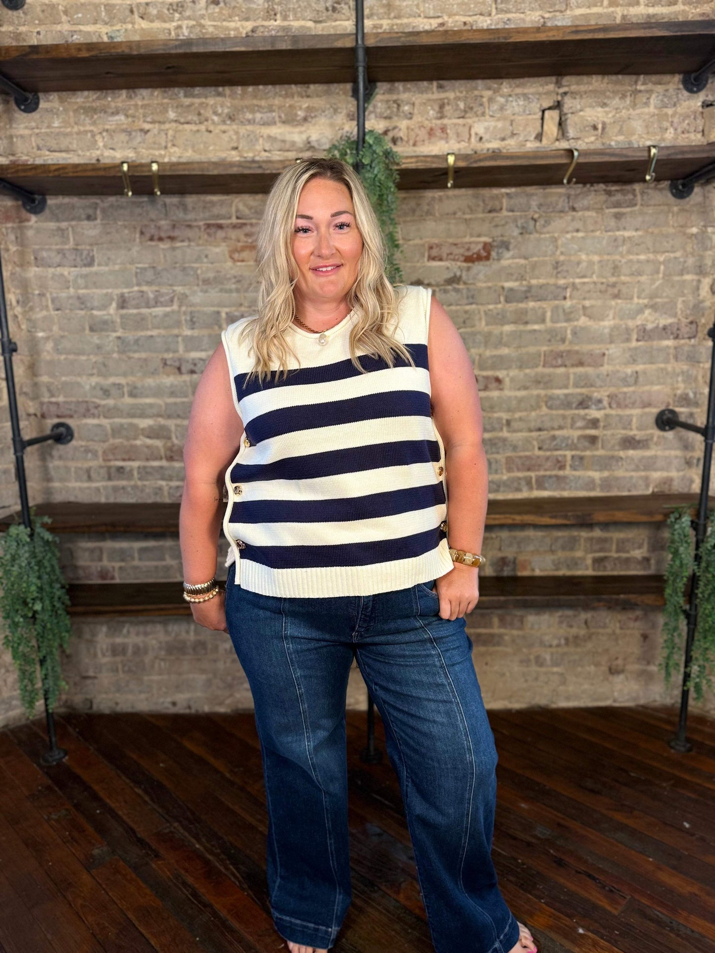 PLUS SIZE | Bella Marie Striped Button Vest