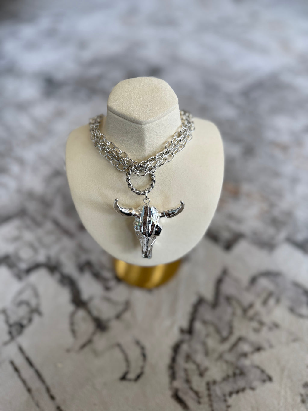 17" Triple Strand Plated Steer Head Pendant Necklace