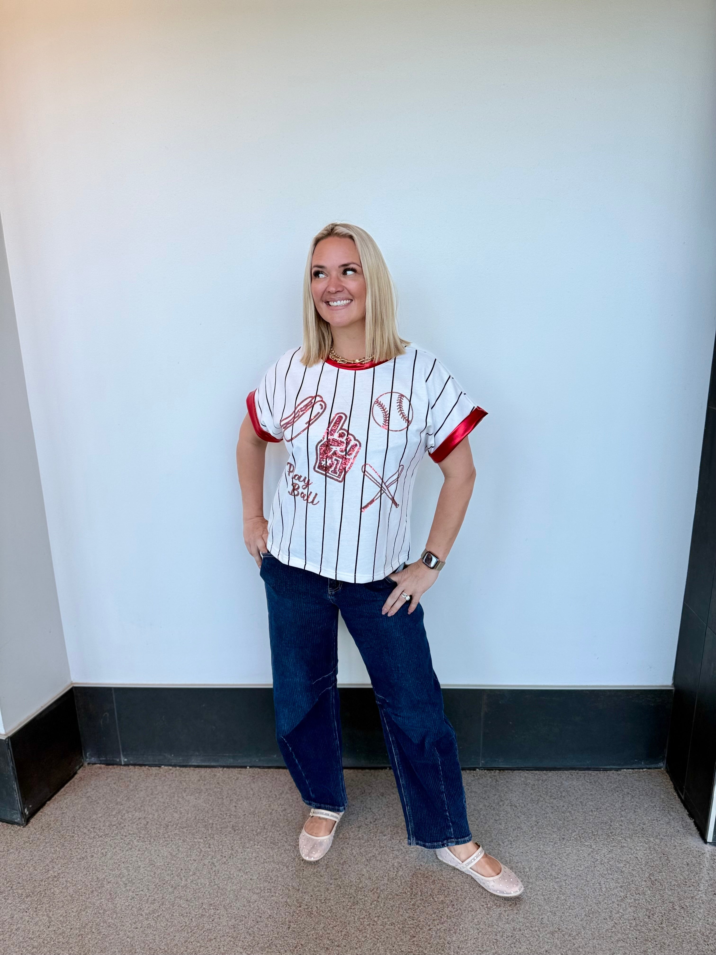 Play Ball Striped Red Sequin Tee | PLUS SIZE AVAILABLE